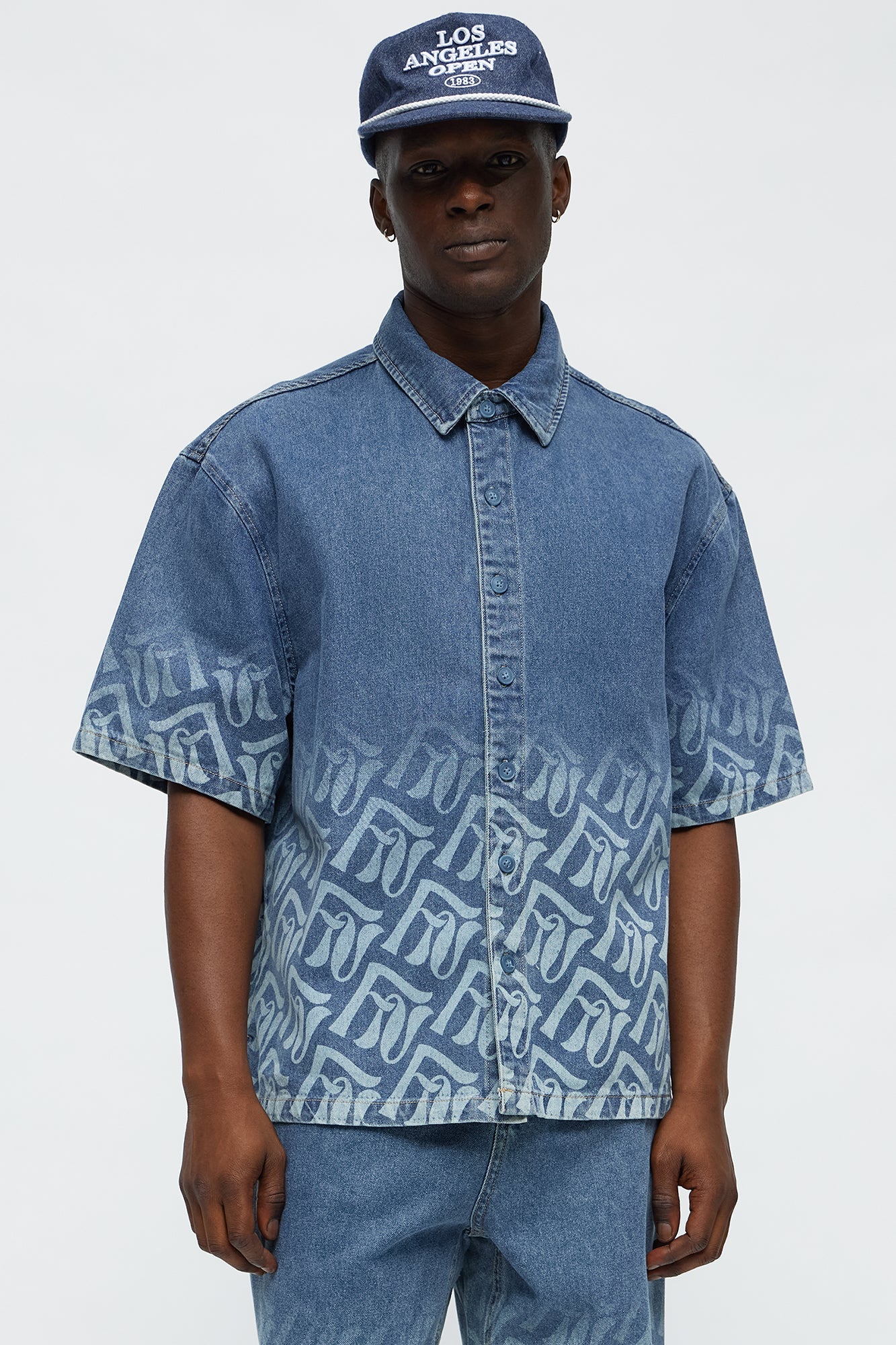 Boxy Cropped Chateau Monogram Denim Shirt - Light Blue Wash