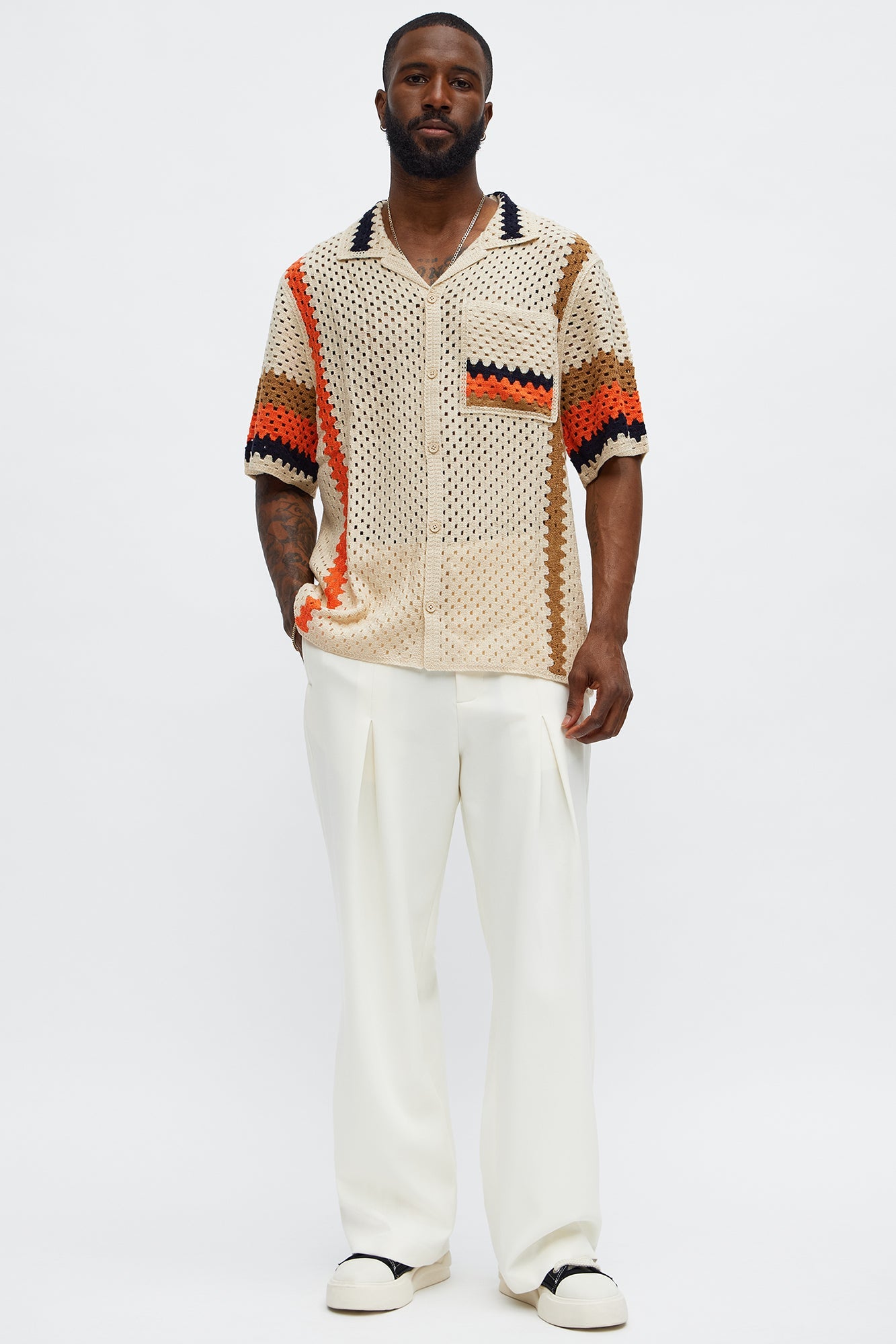 Resort Life Crochet Cuban Collar Shirt - Tan/Multi
