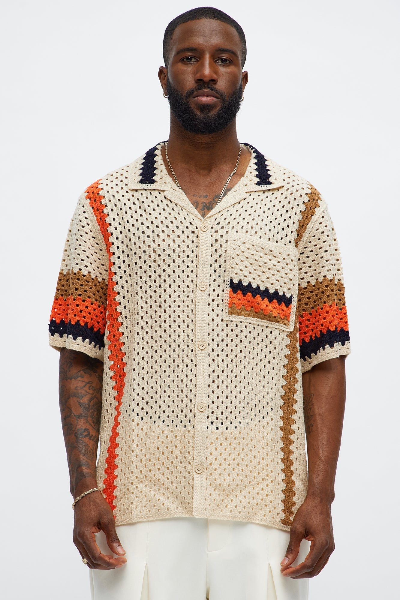 Resort Life Crochet Cuban Collar Shirt - Tan/Multi