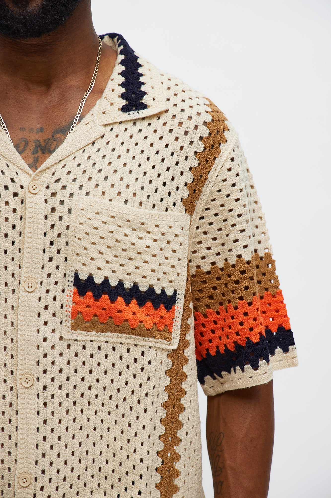 Resort Life Crochet Cuban Collar Shirt - Tan/Multi