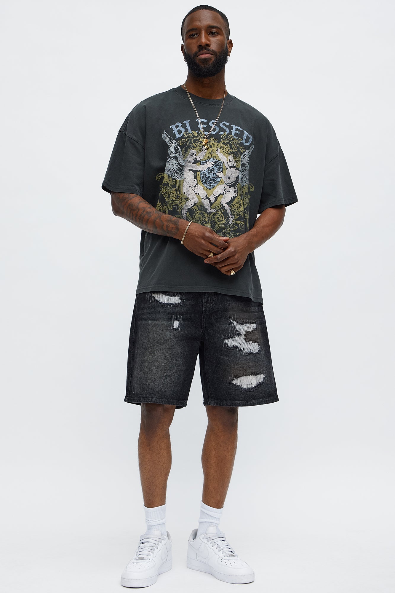 Relaxed Vandal Stitch Distressed Denim Shorts - Black Wash