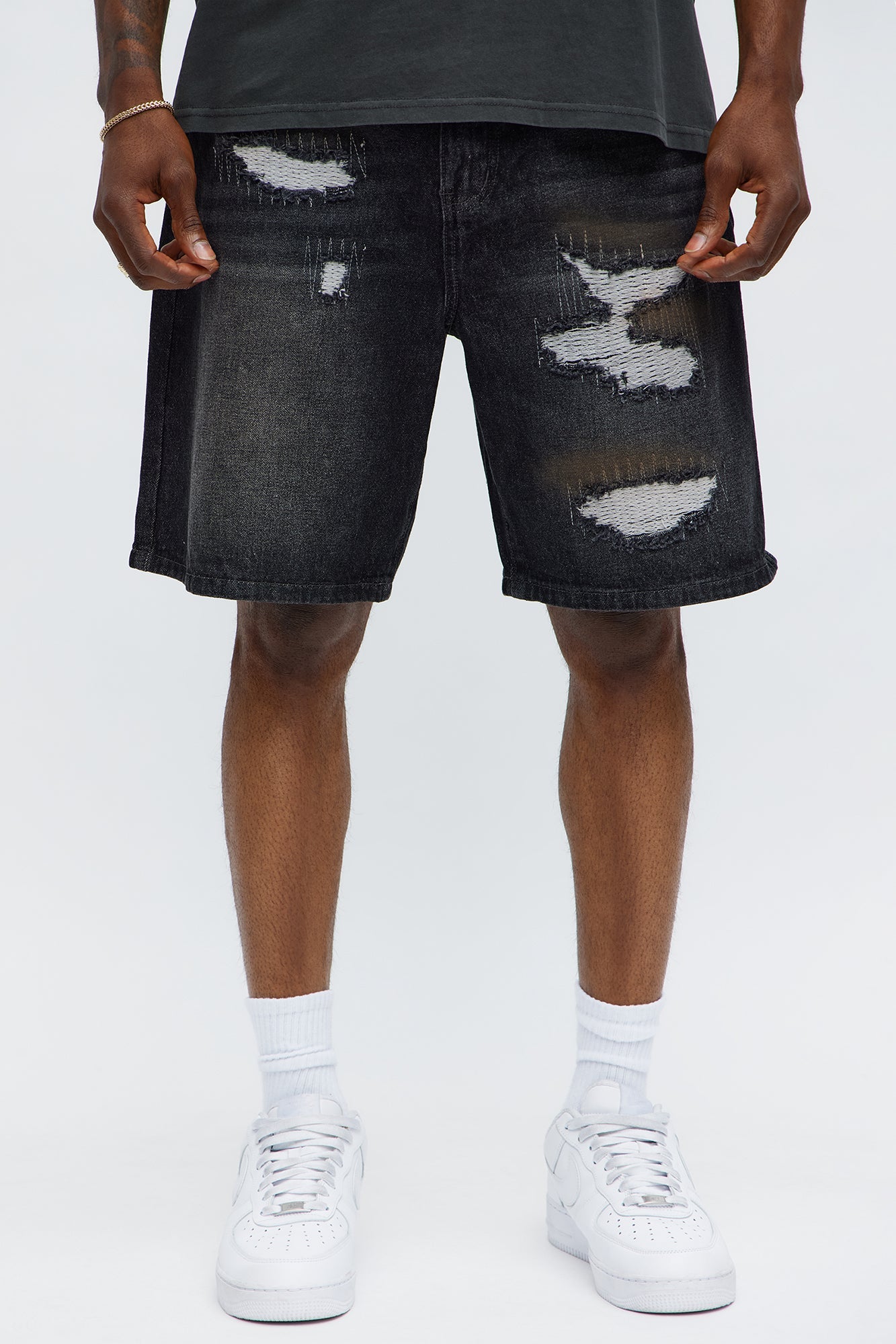 Relaxed Vandal Stitch Distressed Denim Shorts - Black Wash