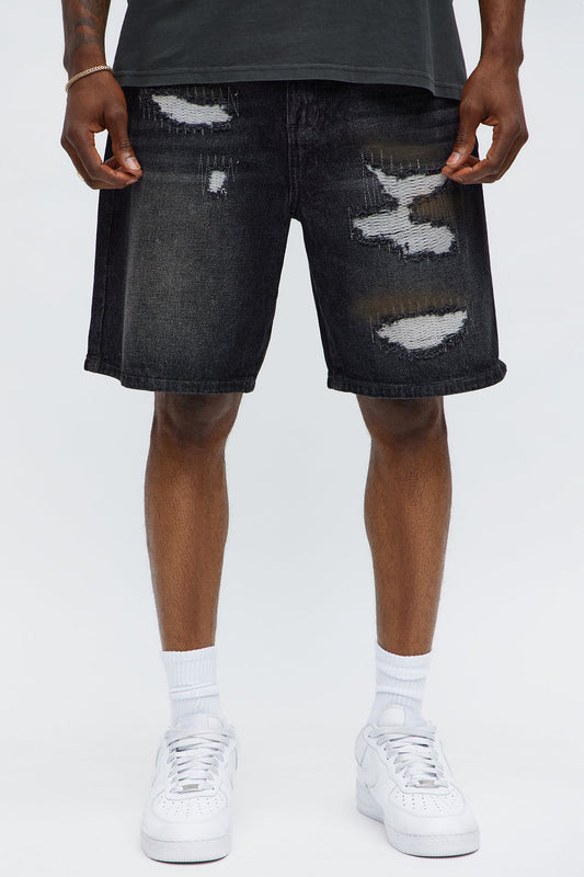 Relaxed Vandal Stitch Distressed Denim Shorts - Black Wash