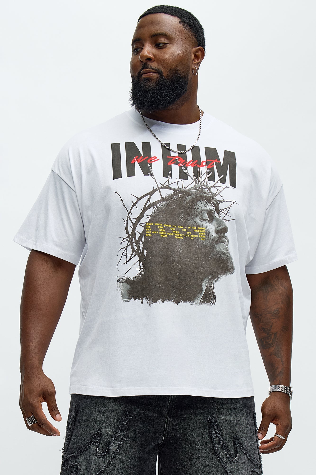 We Trust In Him Oversized Short Sleeve Tee - White