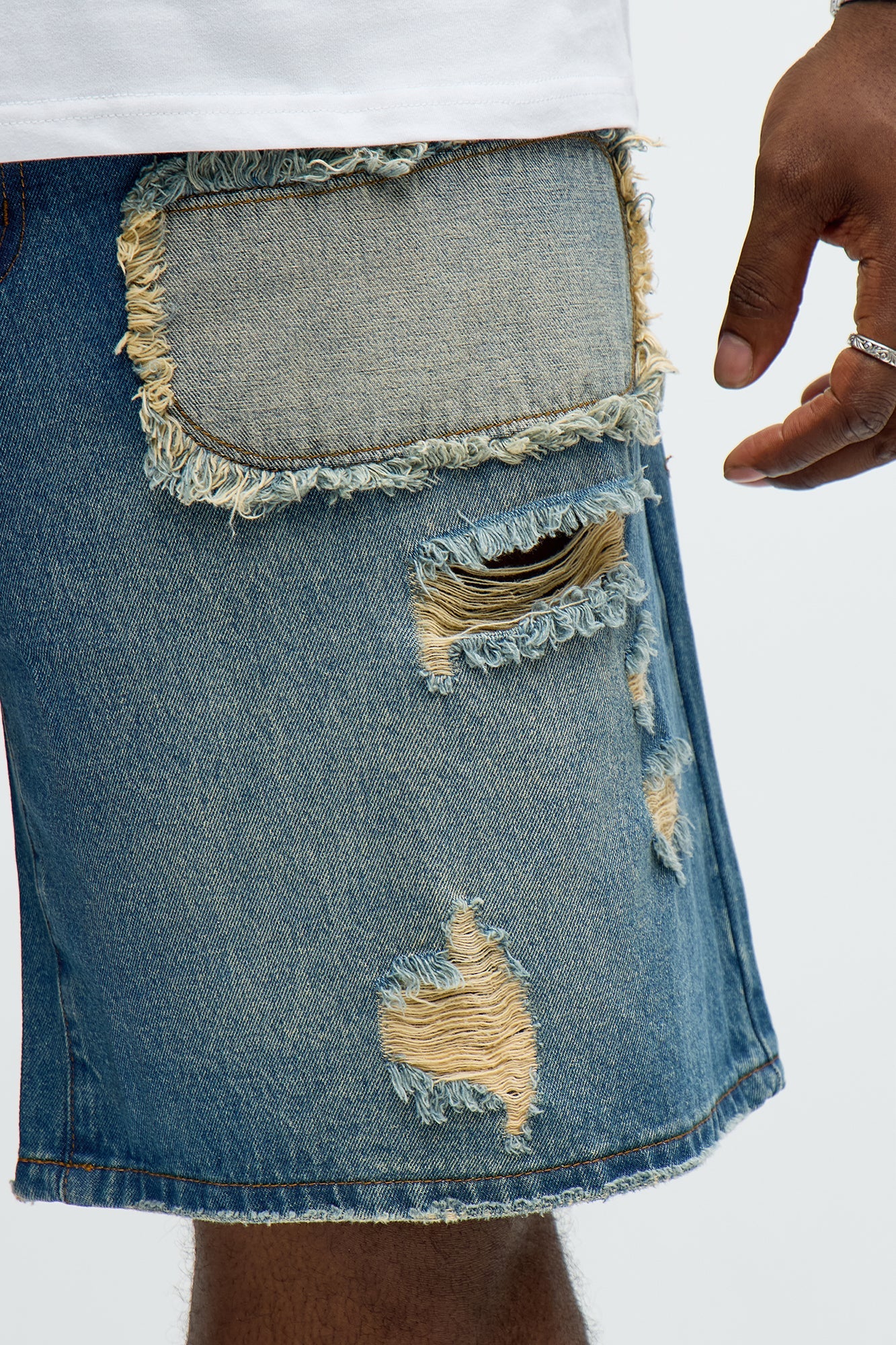Relaxed Patches With Fray Distressed Denim Shorts - Vintage Blue Wash