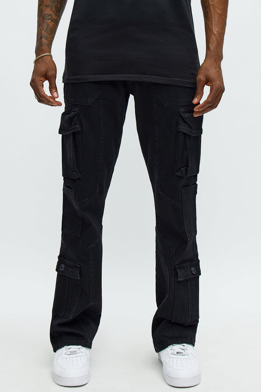Stacked Slim Flare Rebel Stitch Cargo Jeans - Black