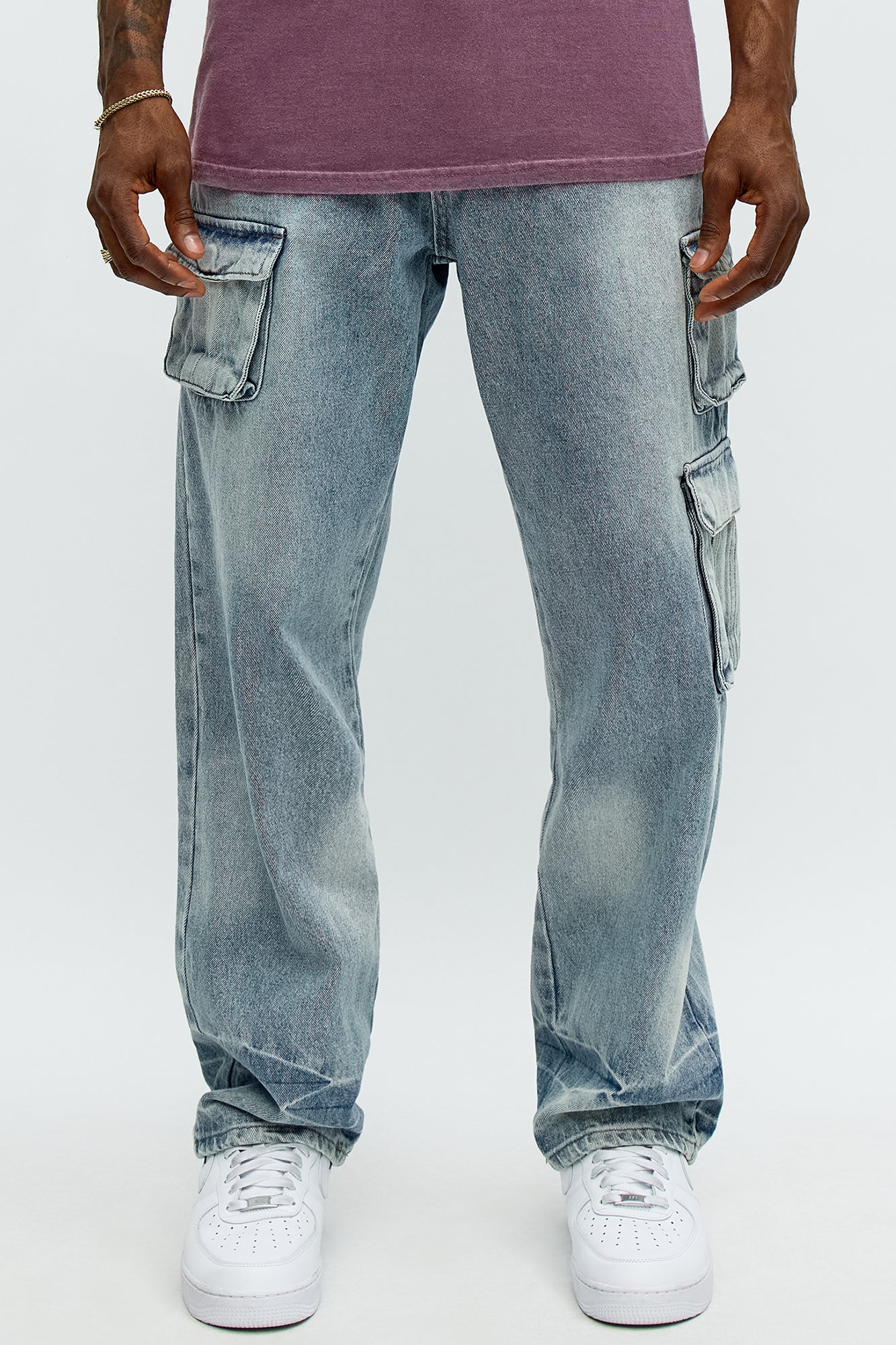 Straight Binded Cargo Jeans - Light Blue Wash