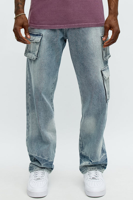 Straight Binded Cargo Jeans - Light Blue Wash