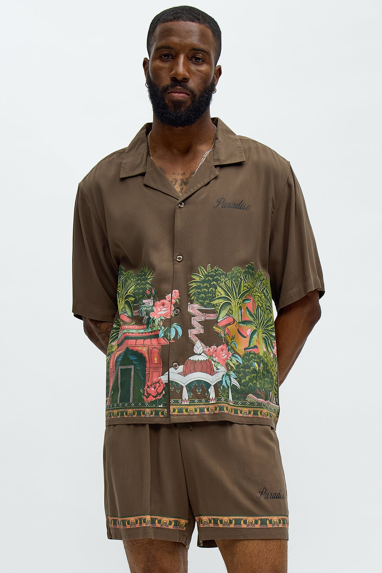 Paradise Set Short Sleeve Button Up Shirt - Brown