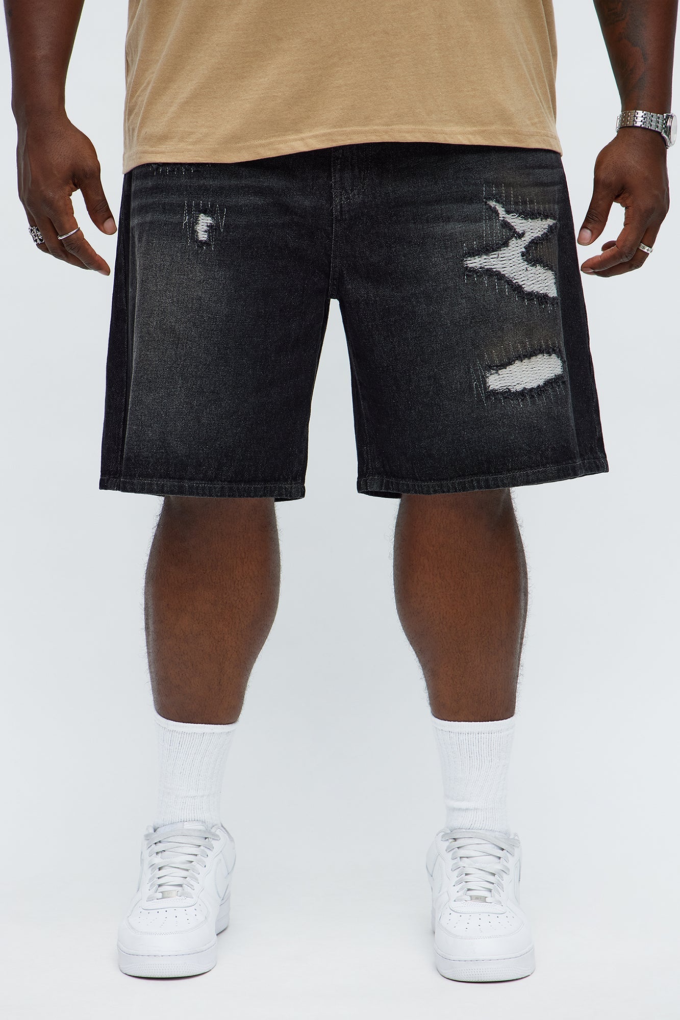 Relaxed Vandal Stitch Distressed Denim Shorts - Black Wash