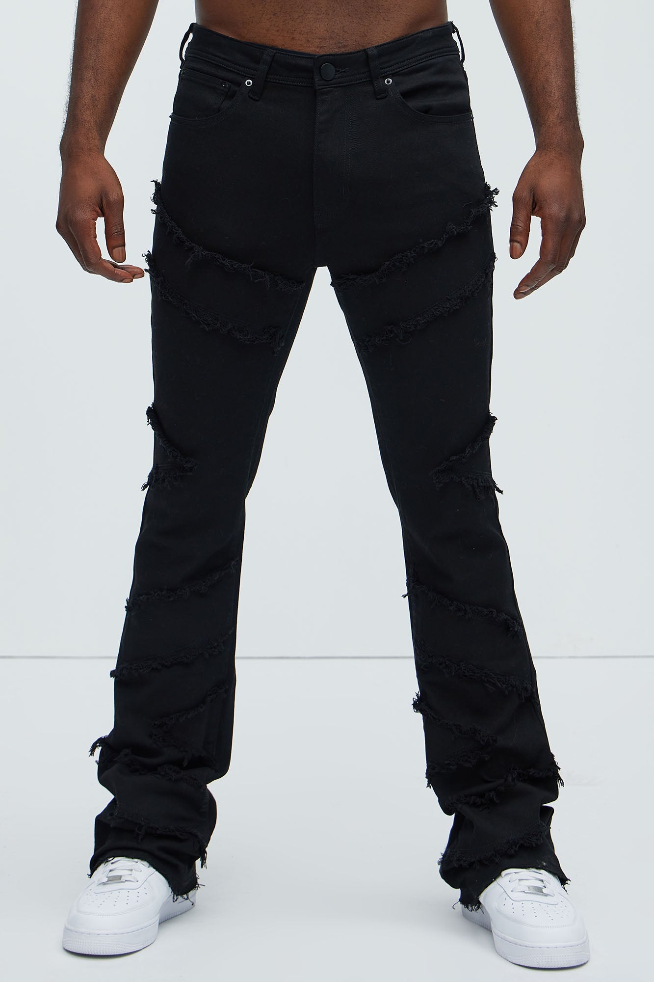 All Over Fray Stacked Skinny Flare Jeans - Black