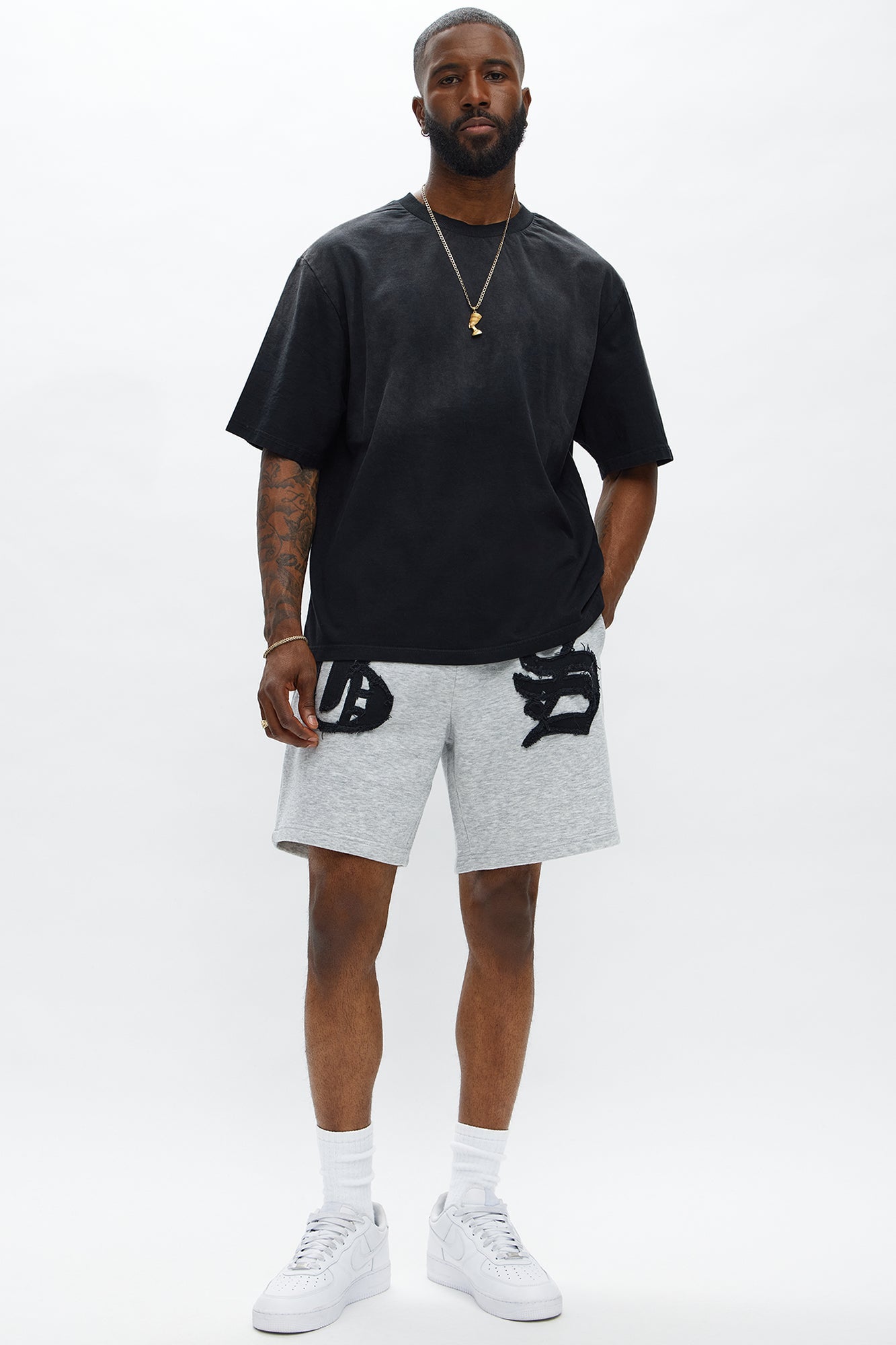 Tyson Relaxed Frayed Patch Sweatshorts - Heather Grey