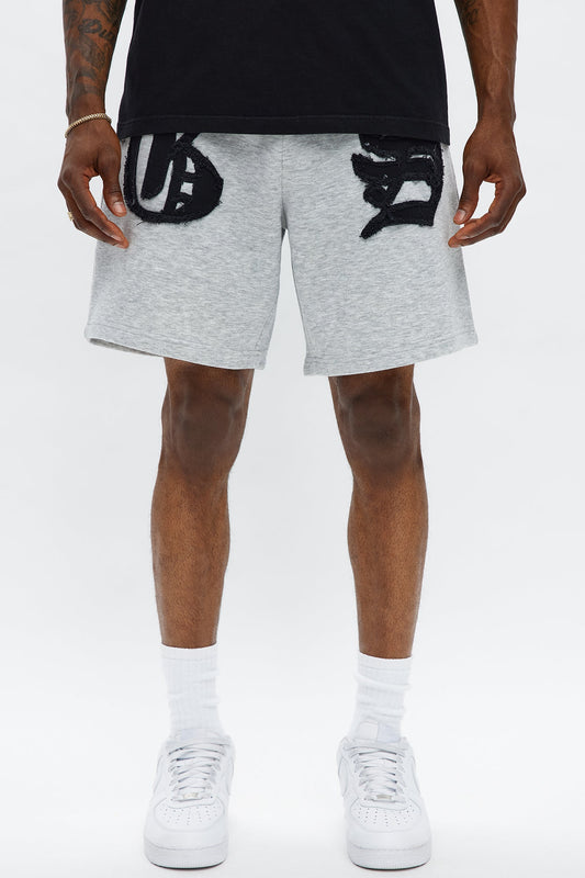 Tyson Relaxed Frayed Patch Sweatshorts - Heather Grey