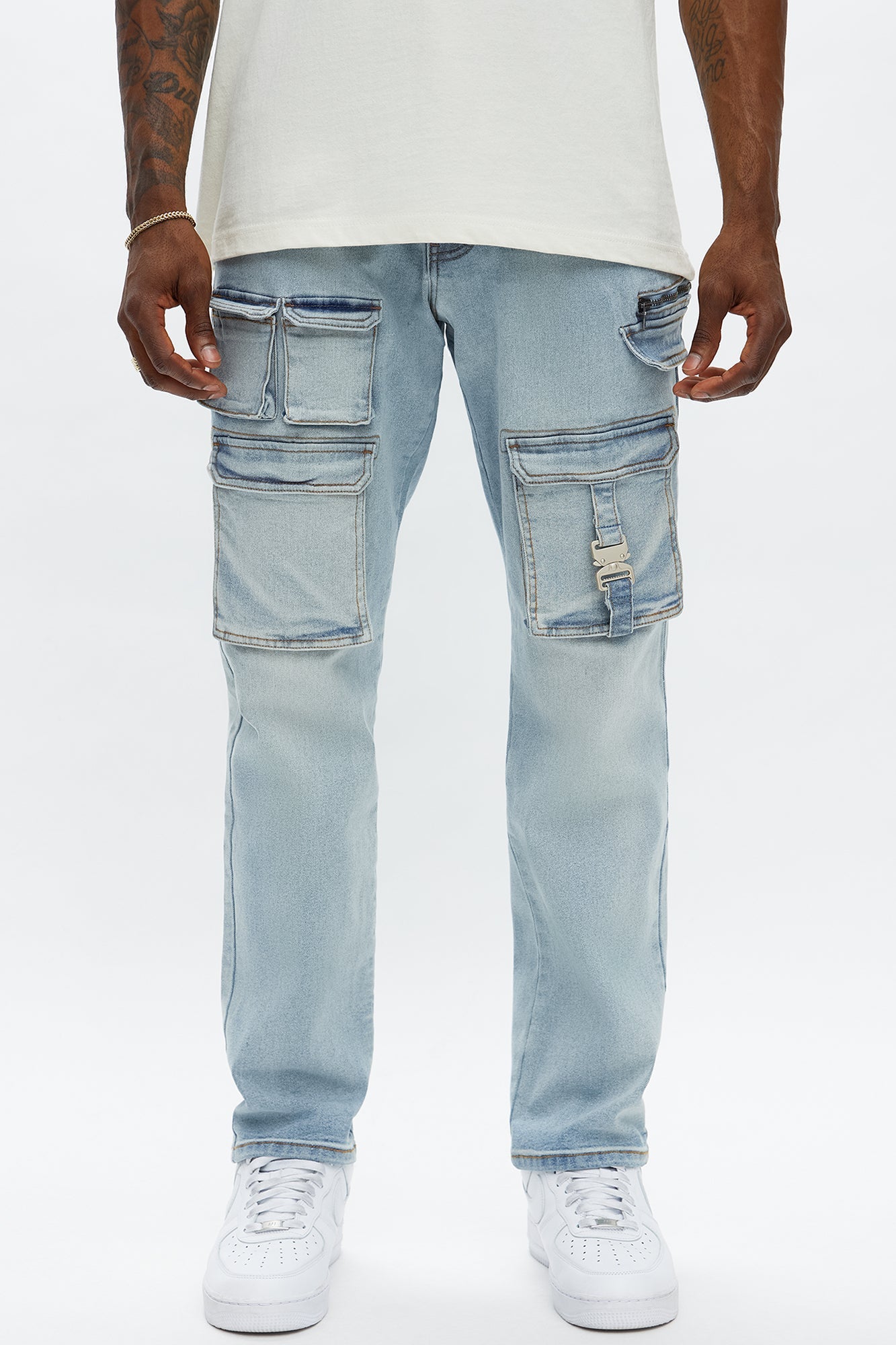 Cargo Pocket Slim Taper Jeans - Light Blue Wash
