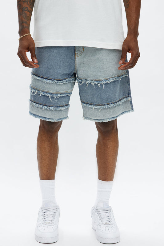 Relaxed Contrast With The Fray Denim Shorts - Medium Blue Wash