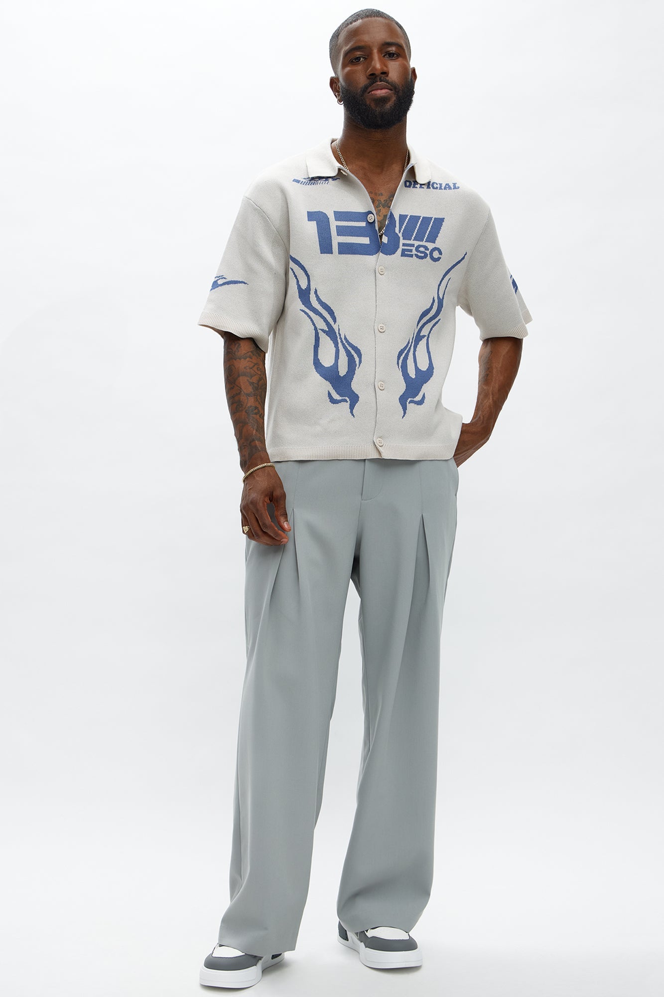 Regular Fit 13 Button Up Sweater Shirt - Cream/combo