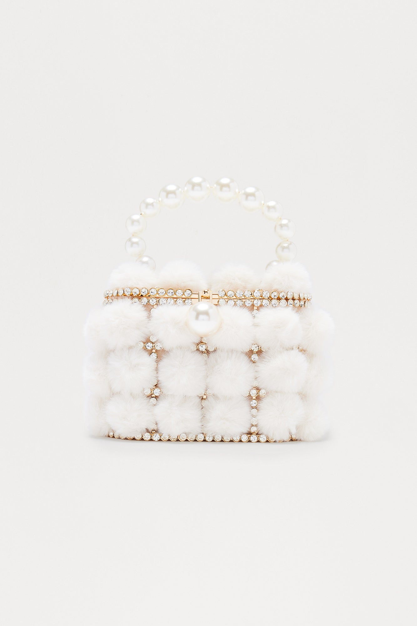 Mode Faux Fur Rhinestone And Pearl Clutch - Ivory
