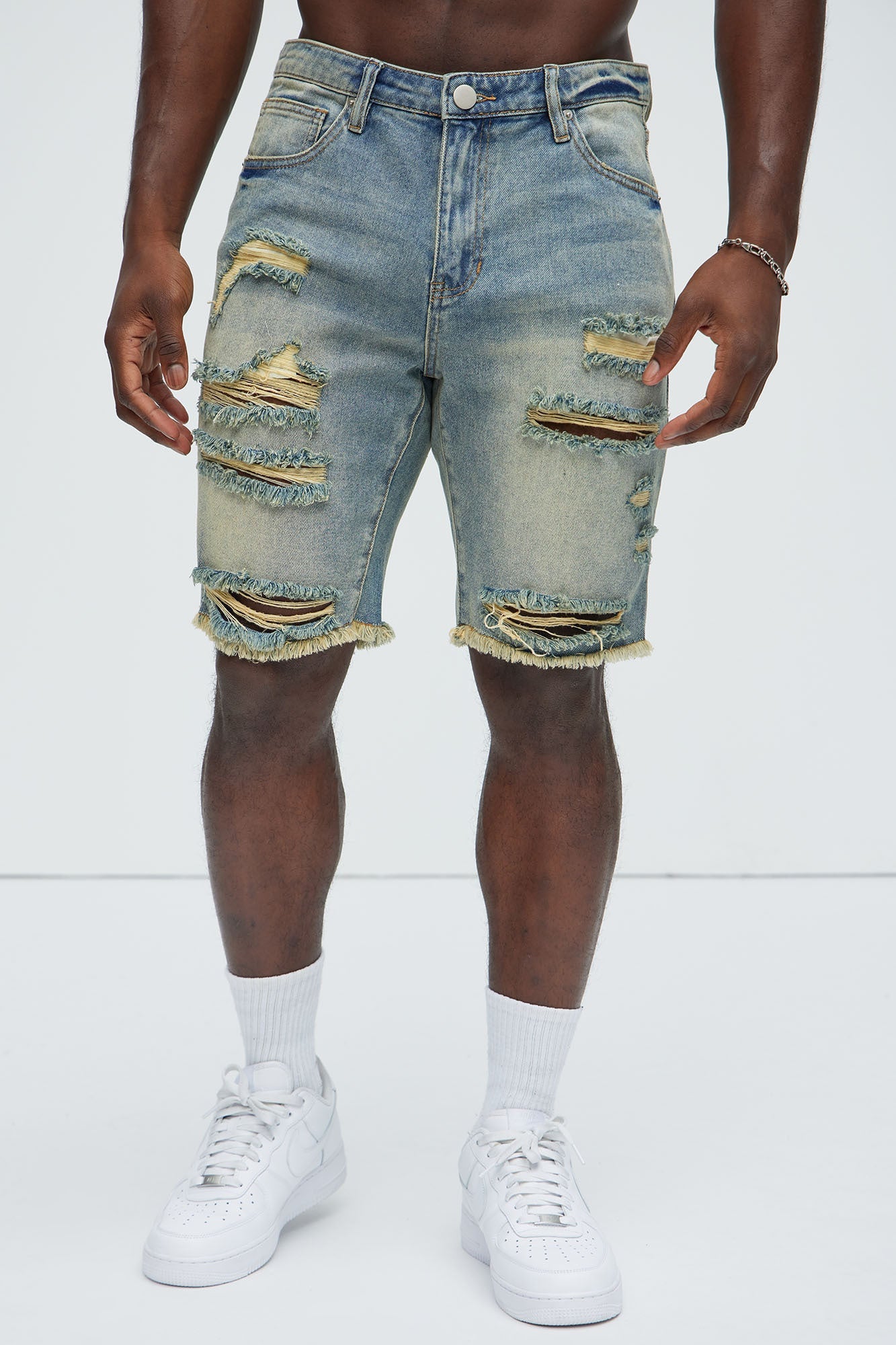 Back To It Distressed Raw Hem Slim Denim Shorts - Vintage Wash