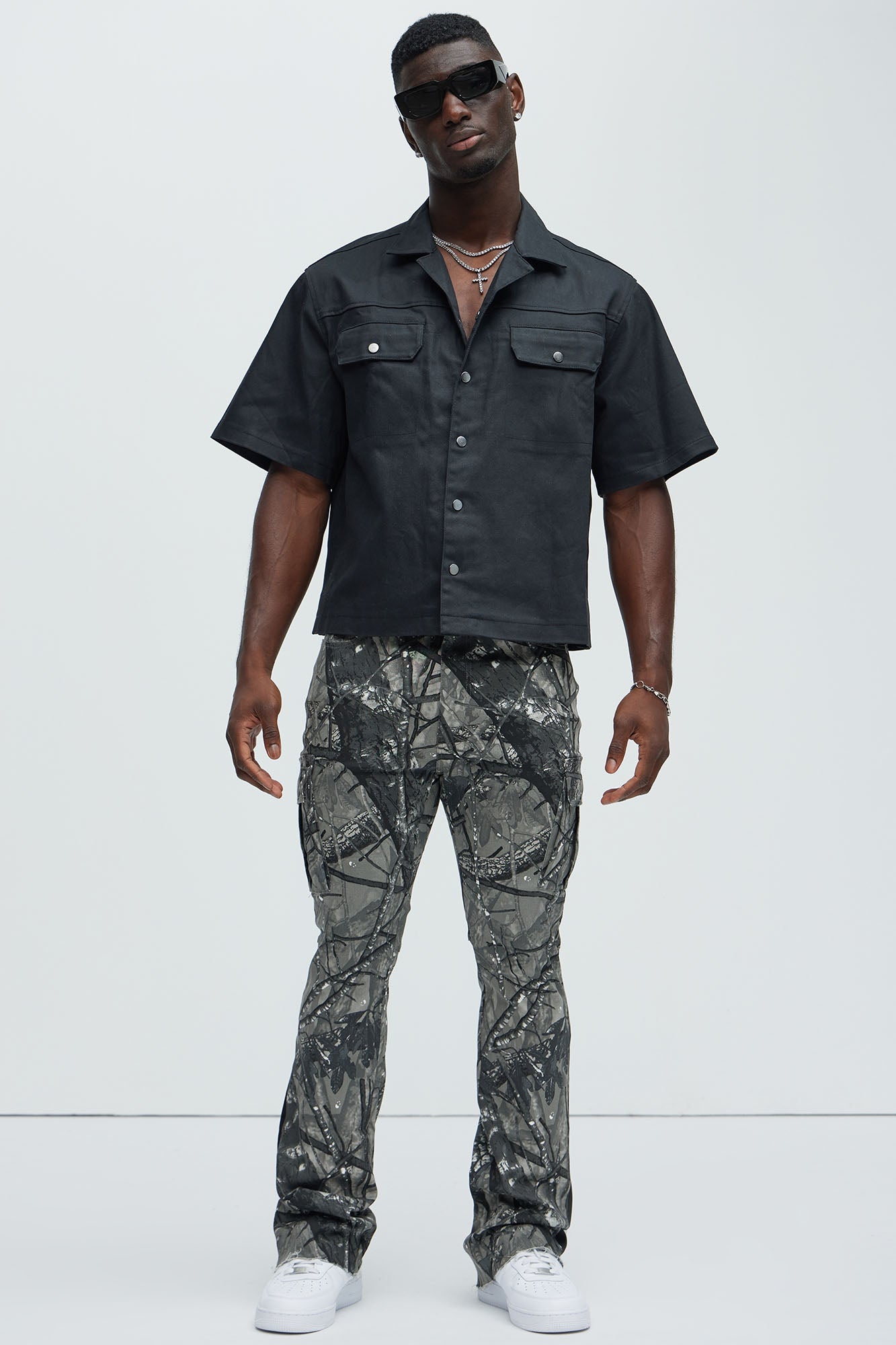 All Over Print Stacked Twill Flare Pant - Grey/combo