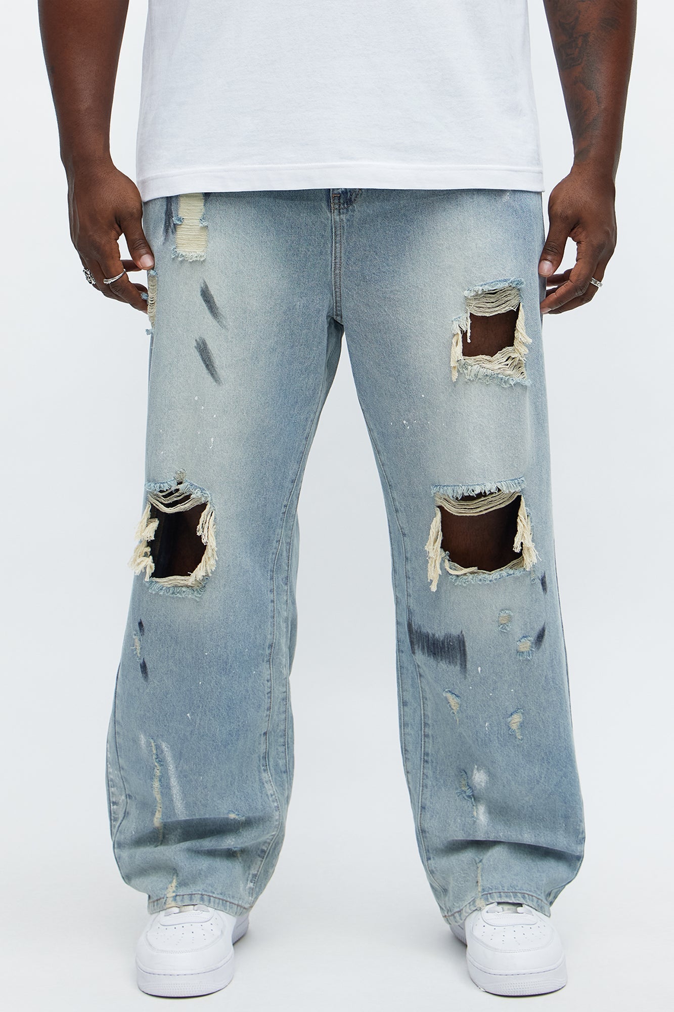 Baggy Battle Scars Distressed Jeans - Light Blue Wash