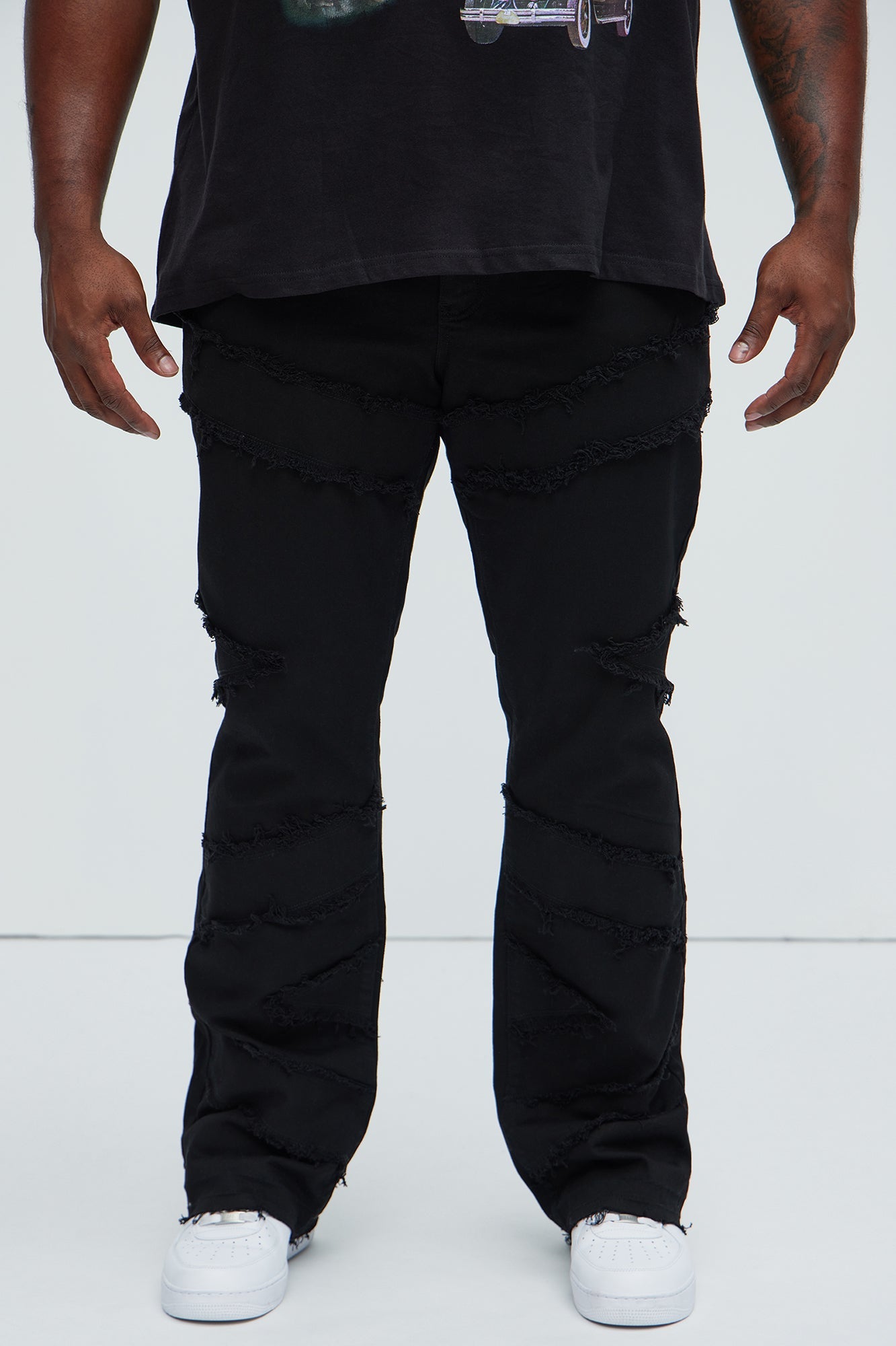 All Over Fray Stacked Skinny Flare Jeans - Black