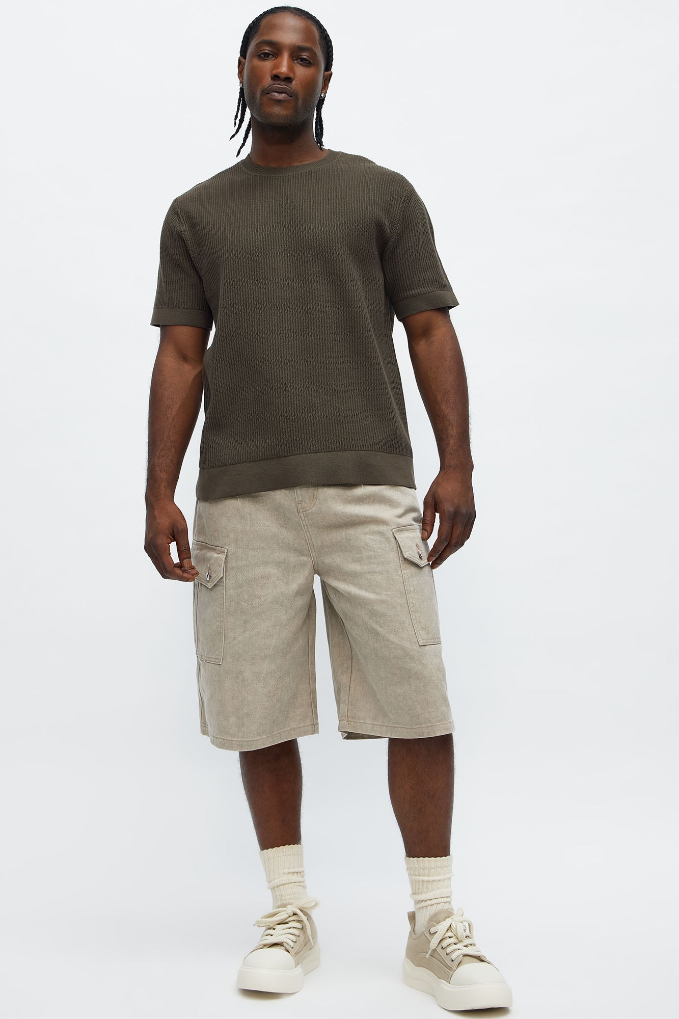 Rib Textured Knit Relaxed Tee - Olive