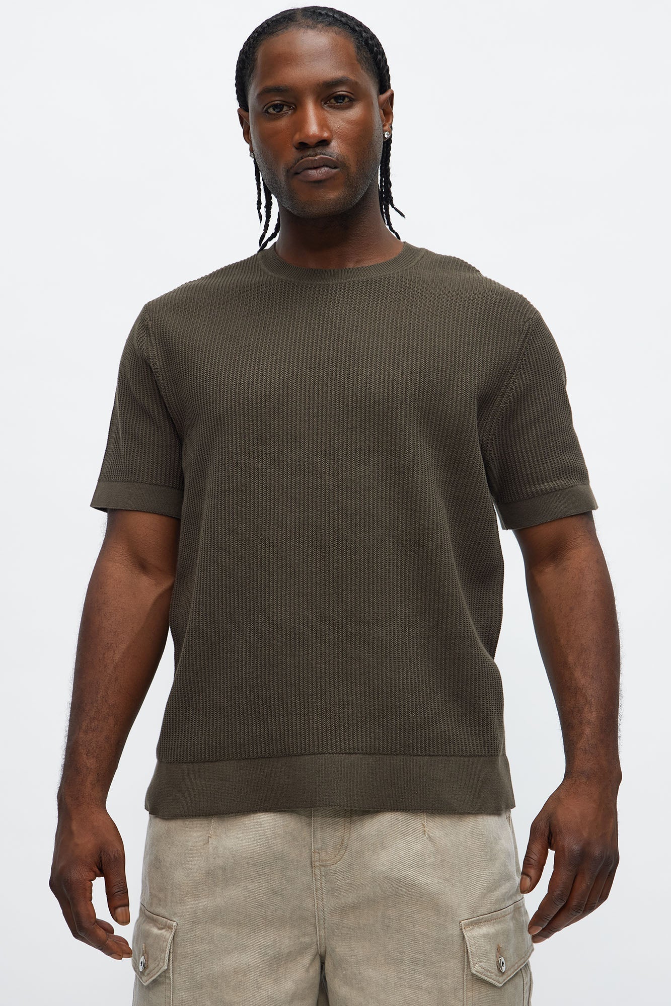 Rib Textured Knit Relaxed Tee - Olive