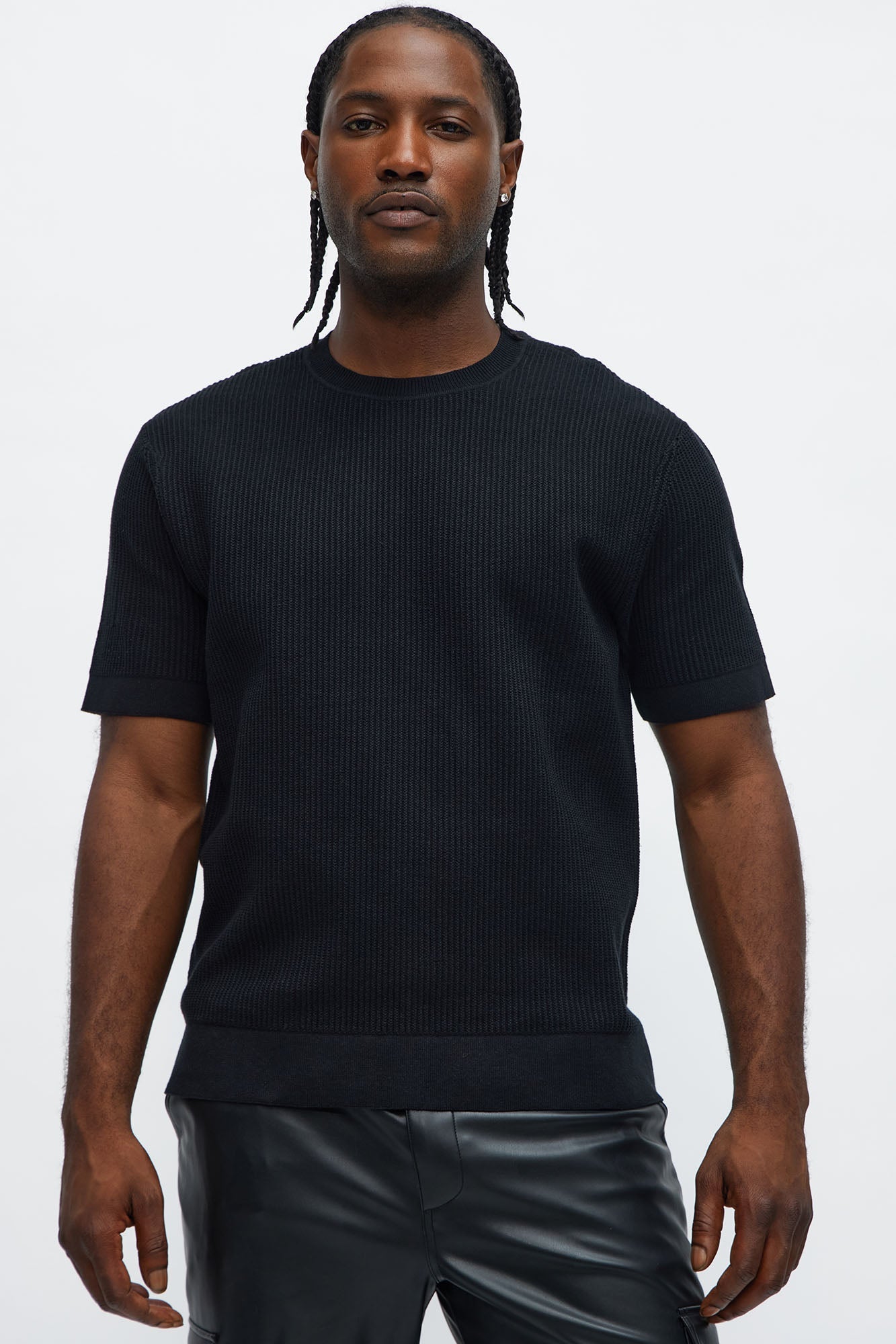 Rib Textured Knit Relaxed Tee - Black