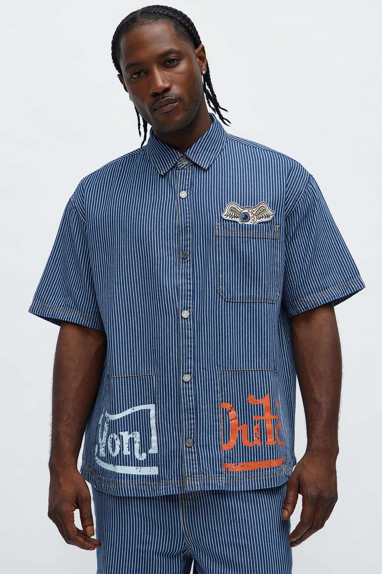 Von Dutch Railroad Scallop Hem Button Up Shirt - Blue/combo