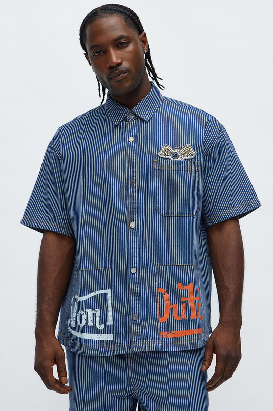 Von Dutch Railroad Scallop Hem Button Up Shirt - Blue/combo
