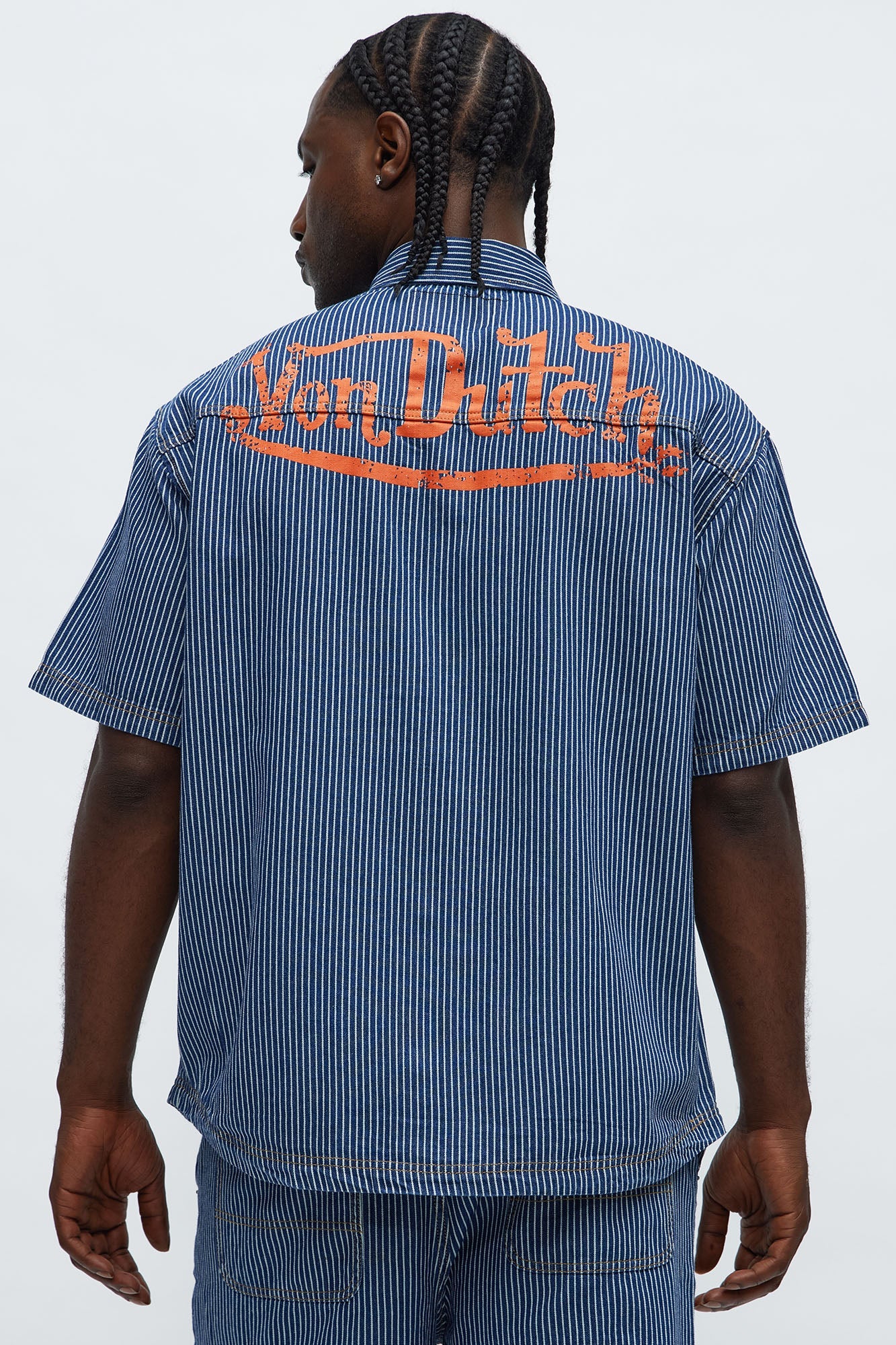 Von Dutch Railroad Scallop Hem Button Up Shirt - Blue/combo