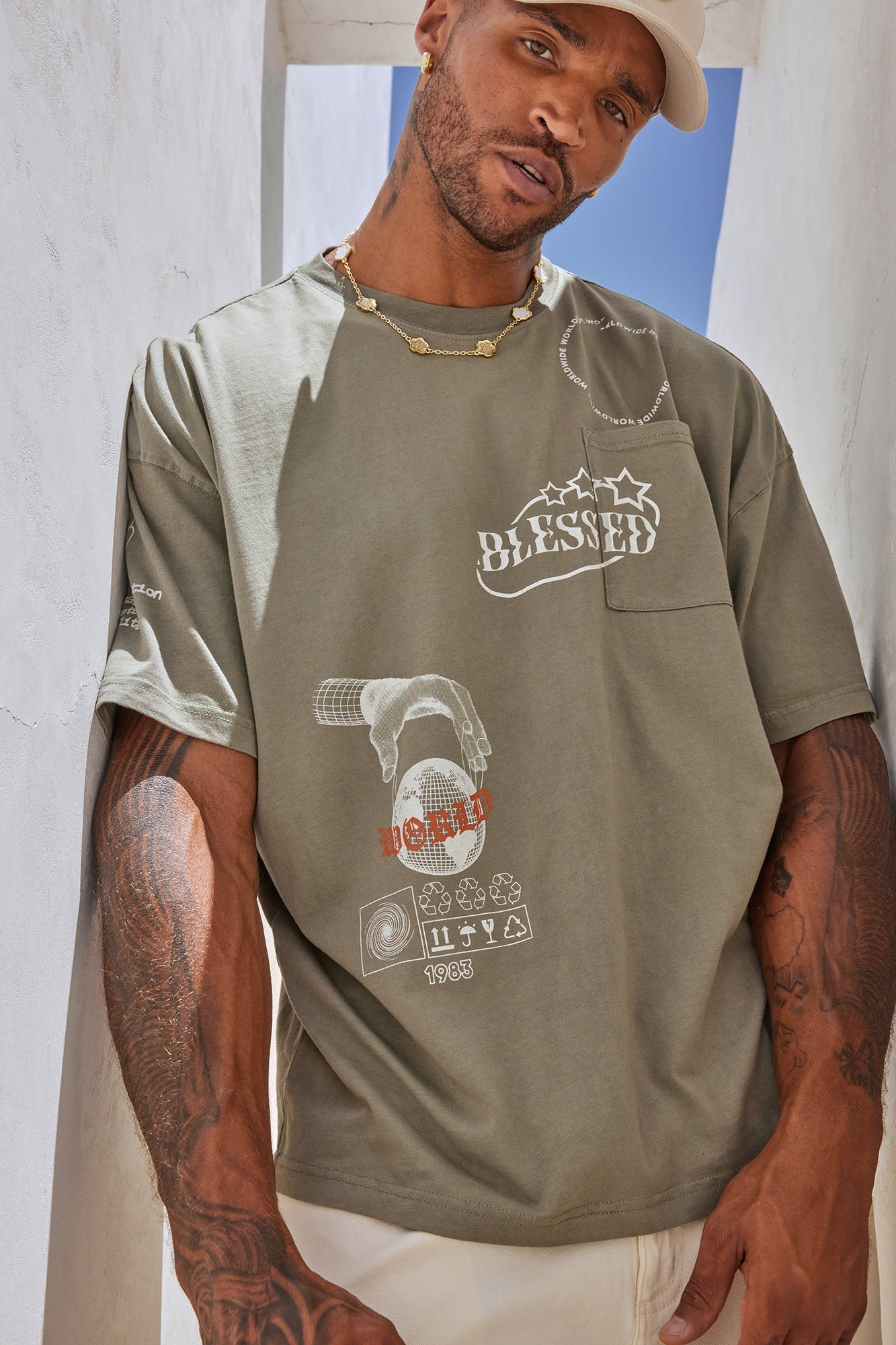 Blessed World Oversized Short Sleeve Tee - Olive