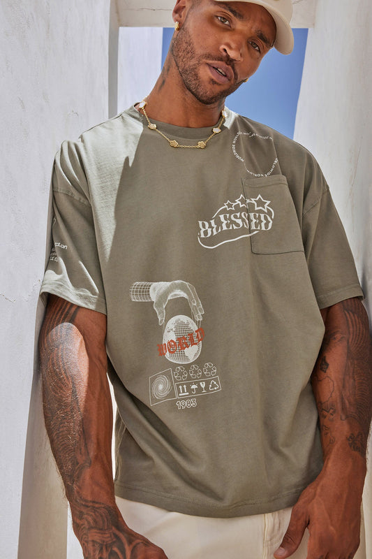 Blessed World Oversized Short Sleeve Tee - Olive