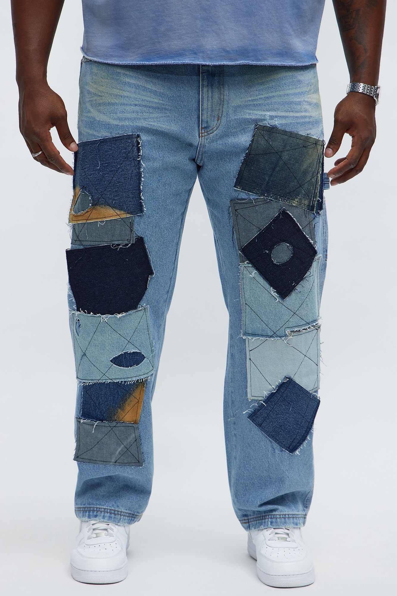 Straight In My Patchwork Jeans - Light Blue Wash