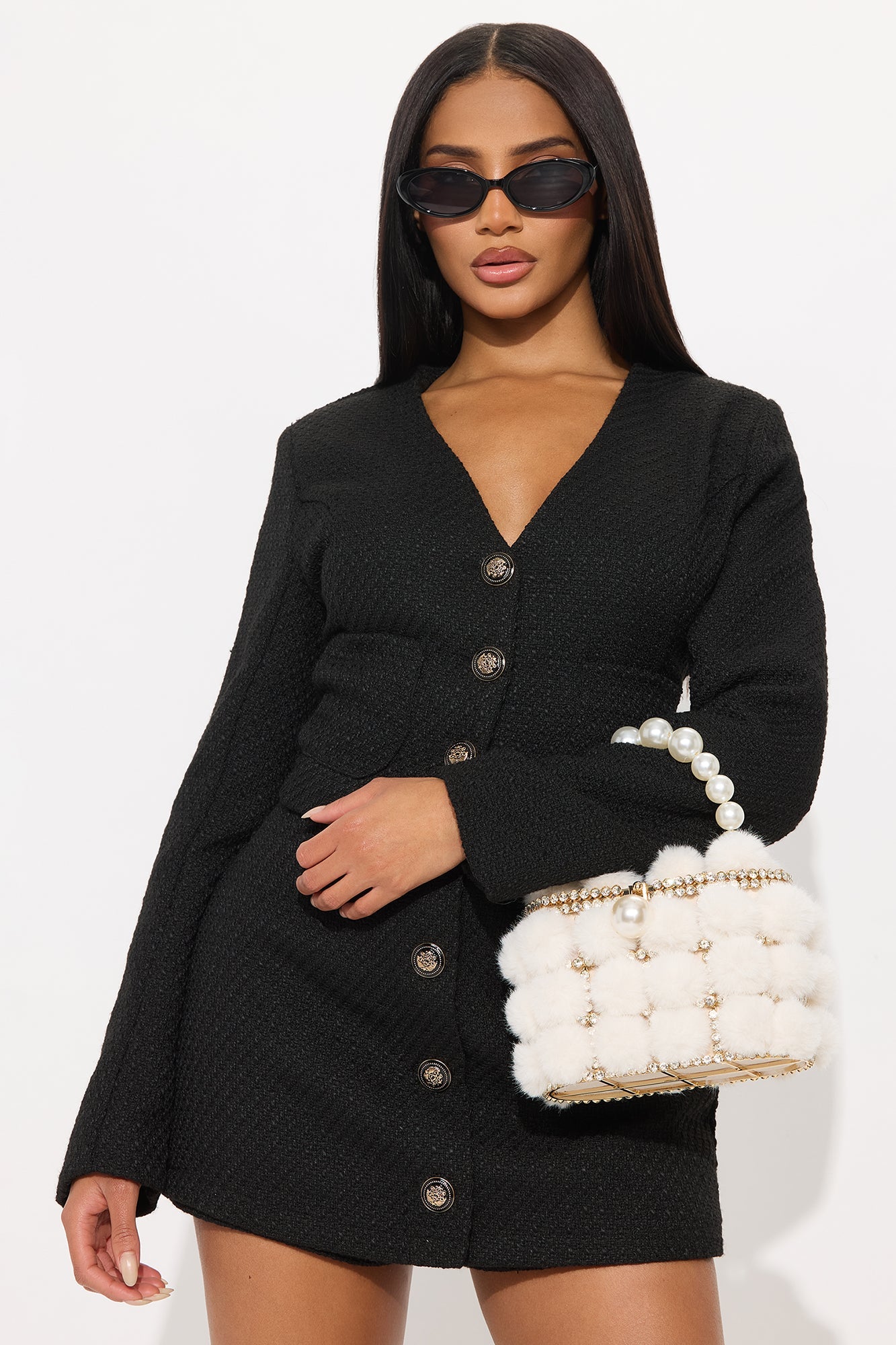 Mode Faux Fur Rhinestone And Pearl Clutch - Ivory