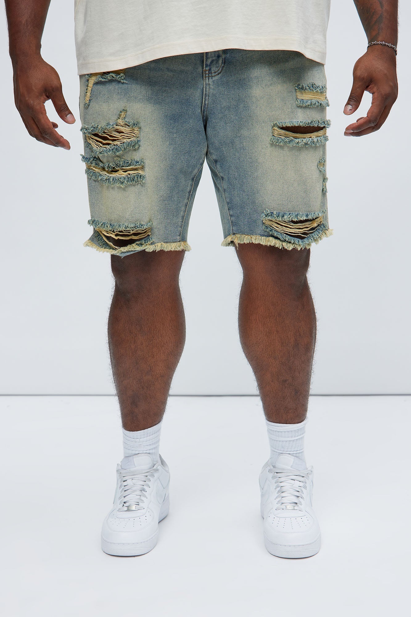 Back To It Distressed Raw Hem Slim Denim Shorts - Vintage Wash