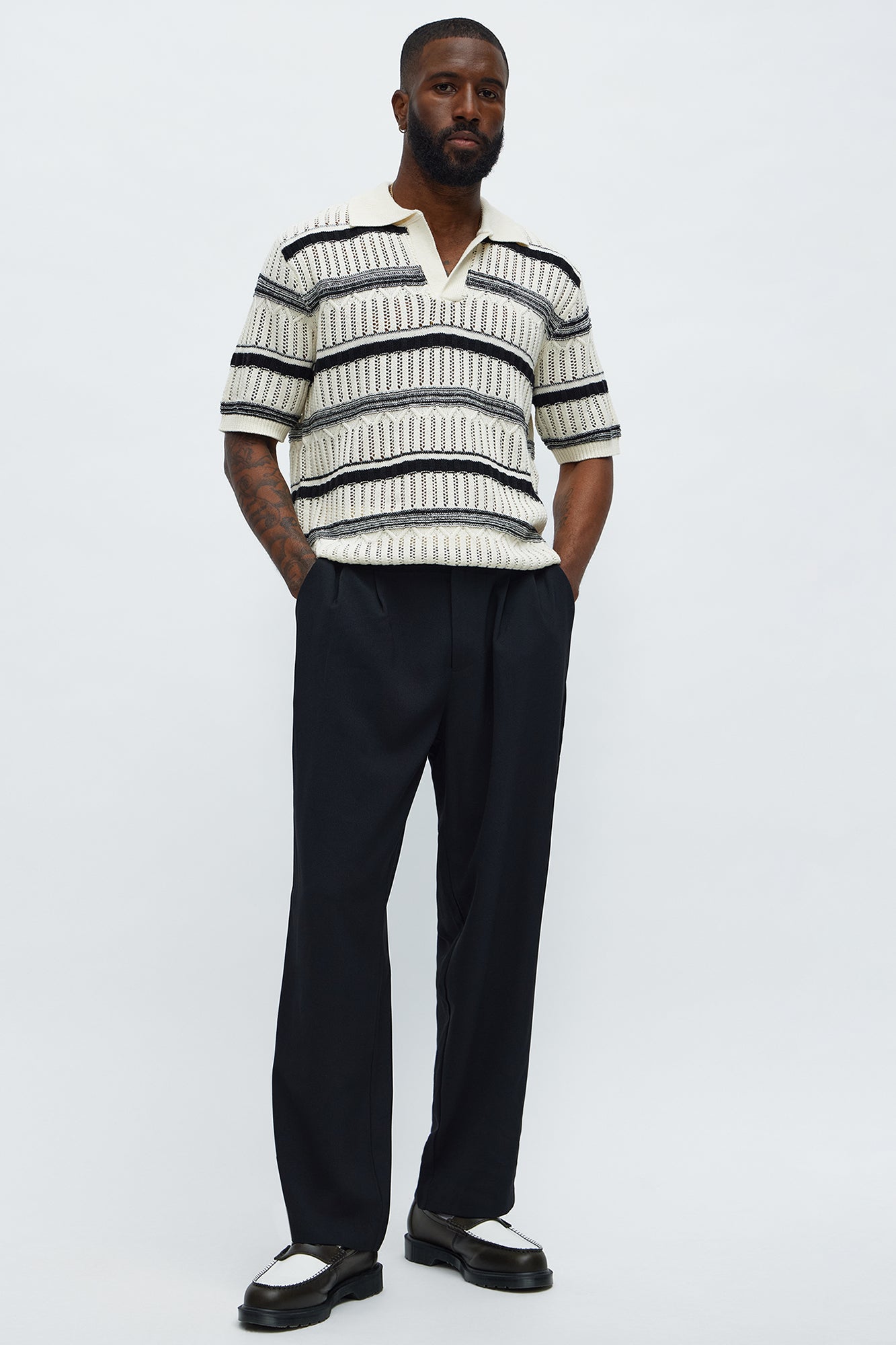 Crossroads Open Knit Johnny Collar Shirt - Cream/combo