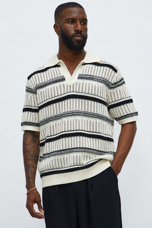 Crossroads Open Knit Johnny Collar Shirt - Cream/combo