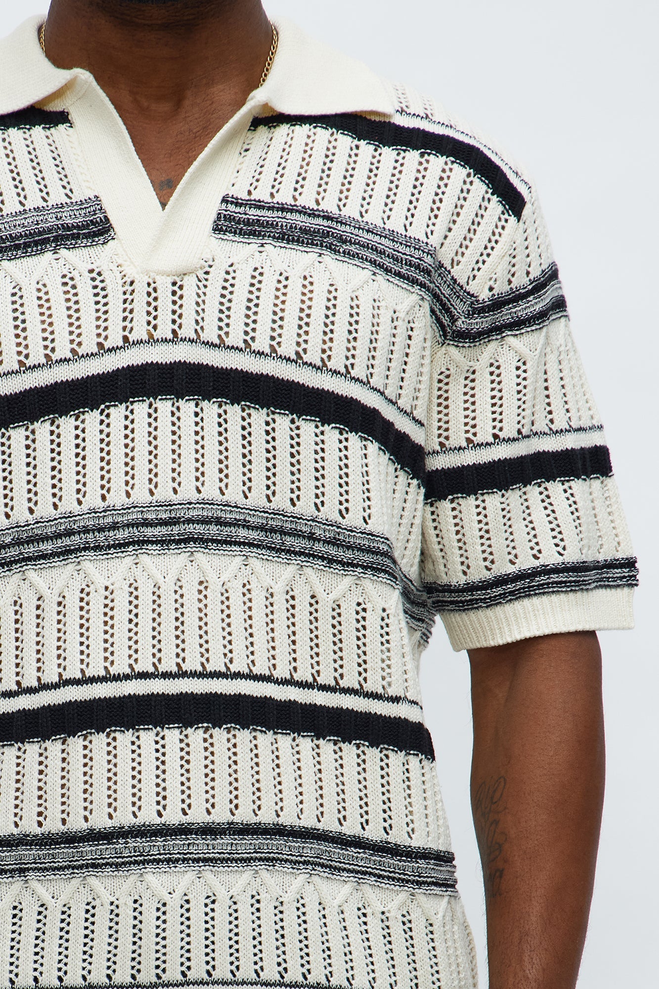 Crossroads Open Knit Johnny Collar Shirt - Cream/combo