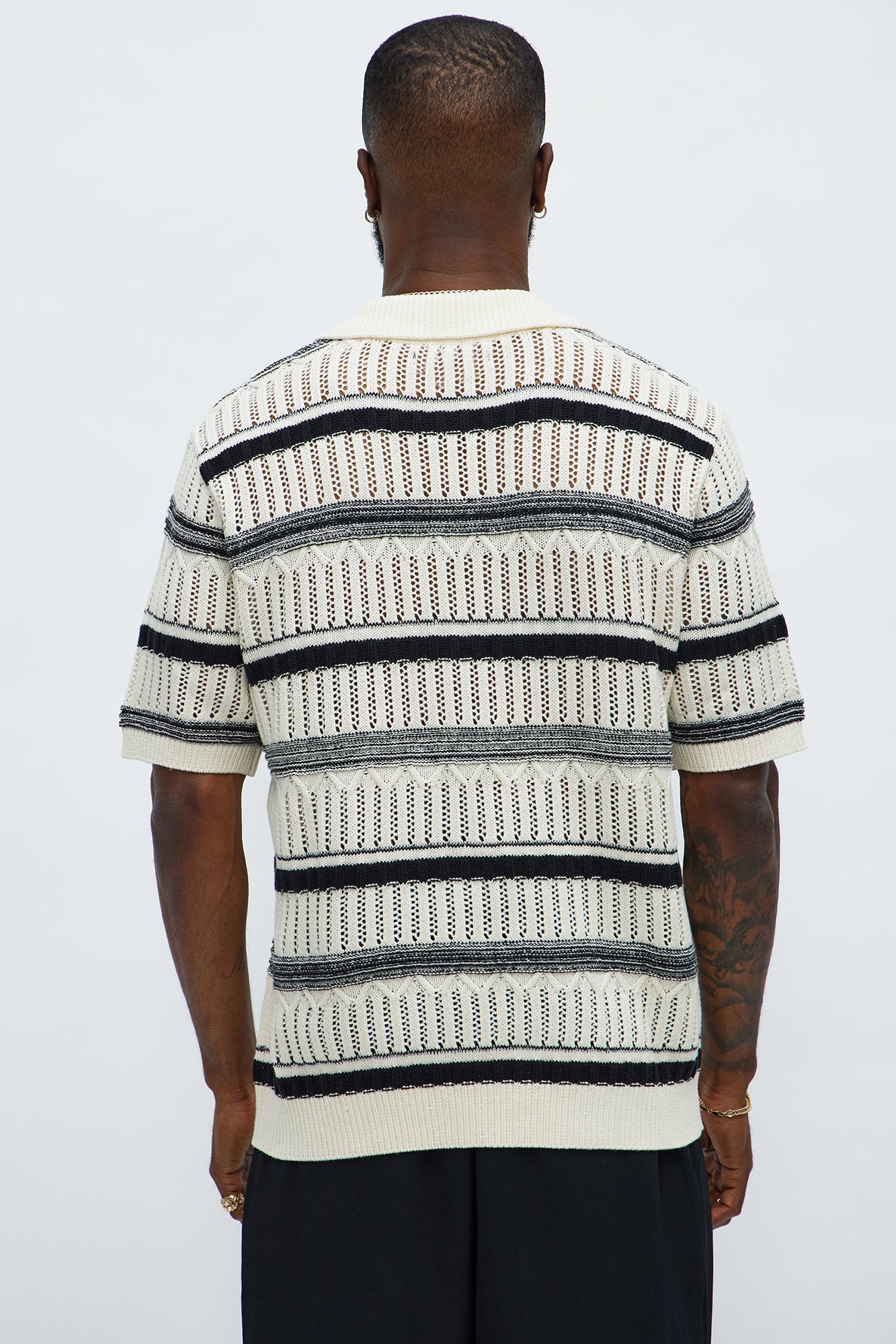 Crossroads Open Knit Johnny Collar Shirt - Cream/combo