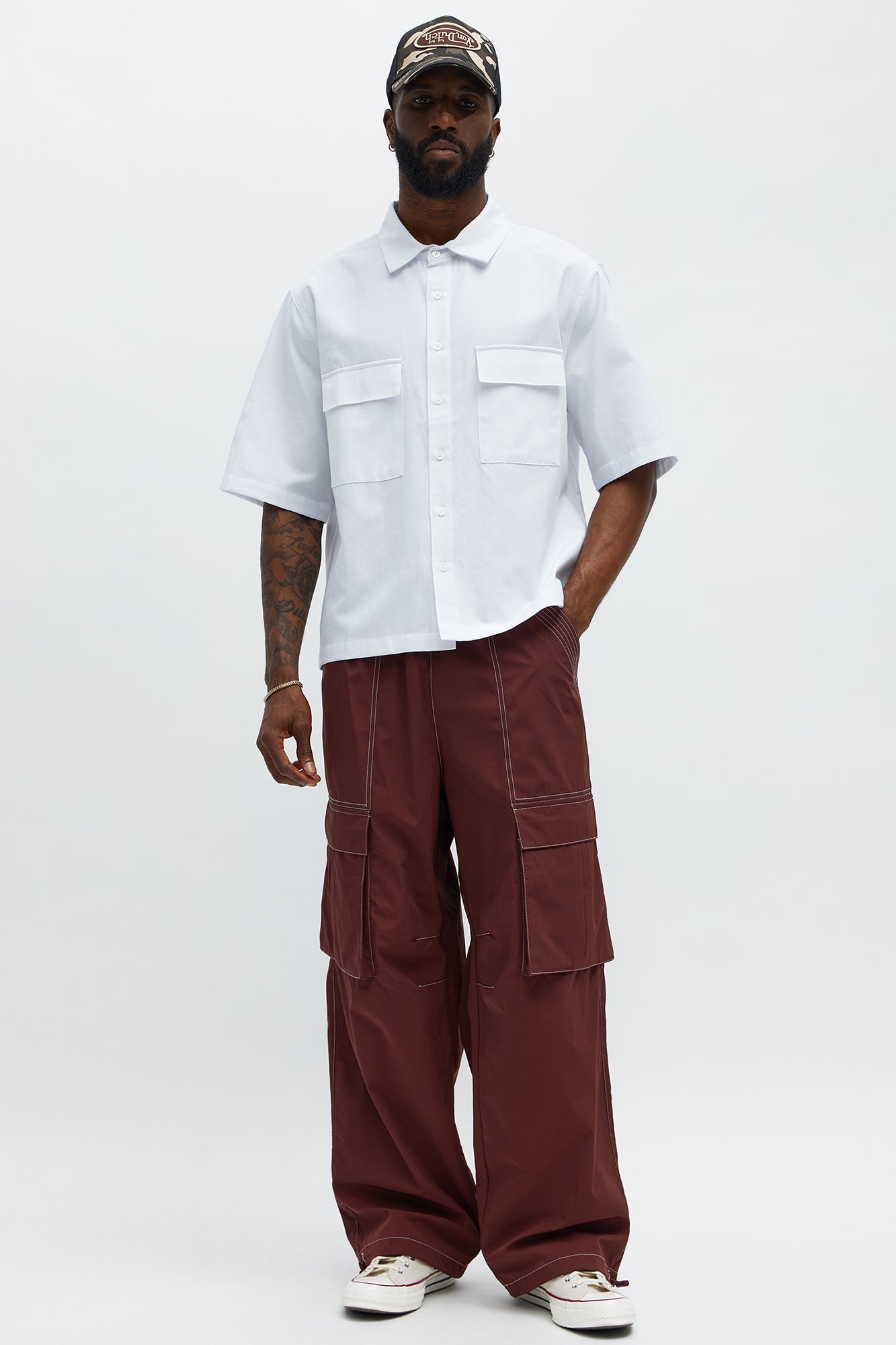Baggy Stay Moving Contrast Stitch Nylon Cargo Pants - Burgundy