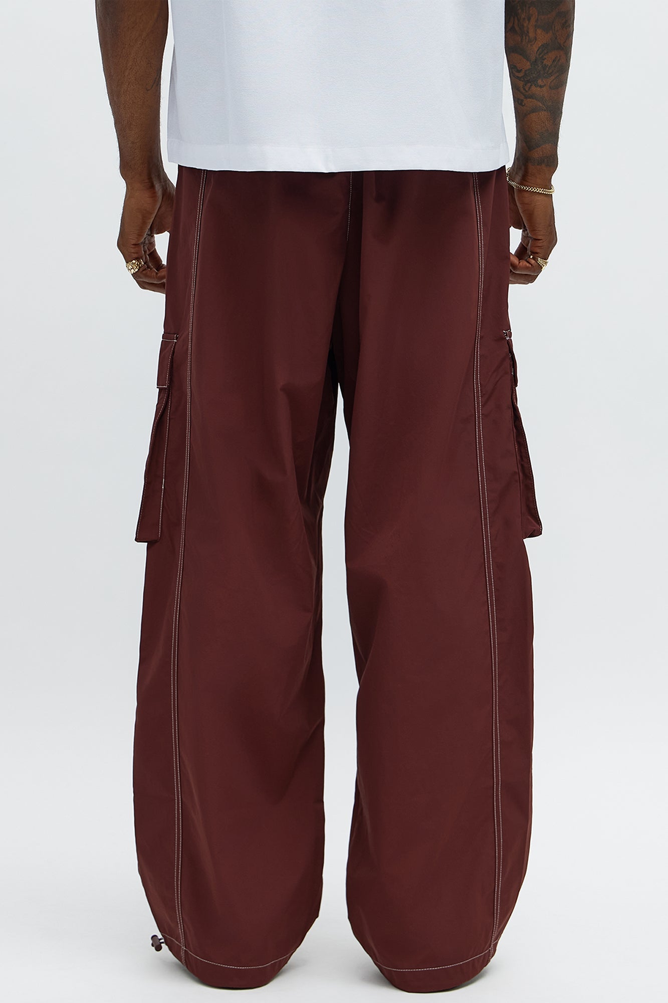 Baggy Stay Moving Contrast Stitch Nylon Cargo Pants - Burgundy