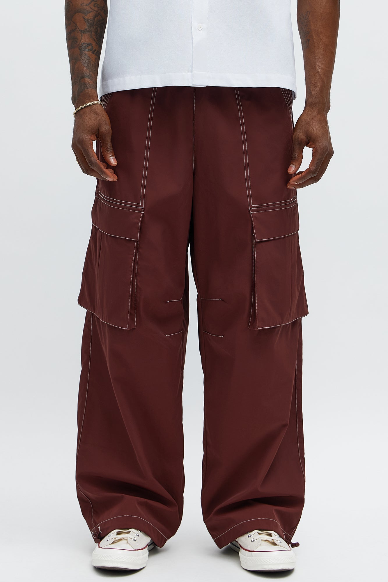 Baggy Stay Moving Contrast Stitch Nylon Cargo Pants - Burgundy