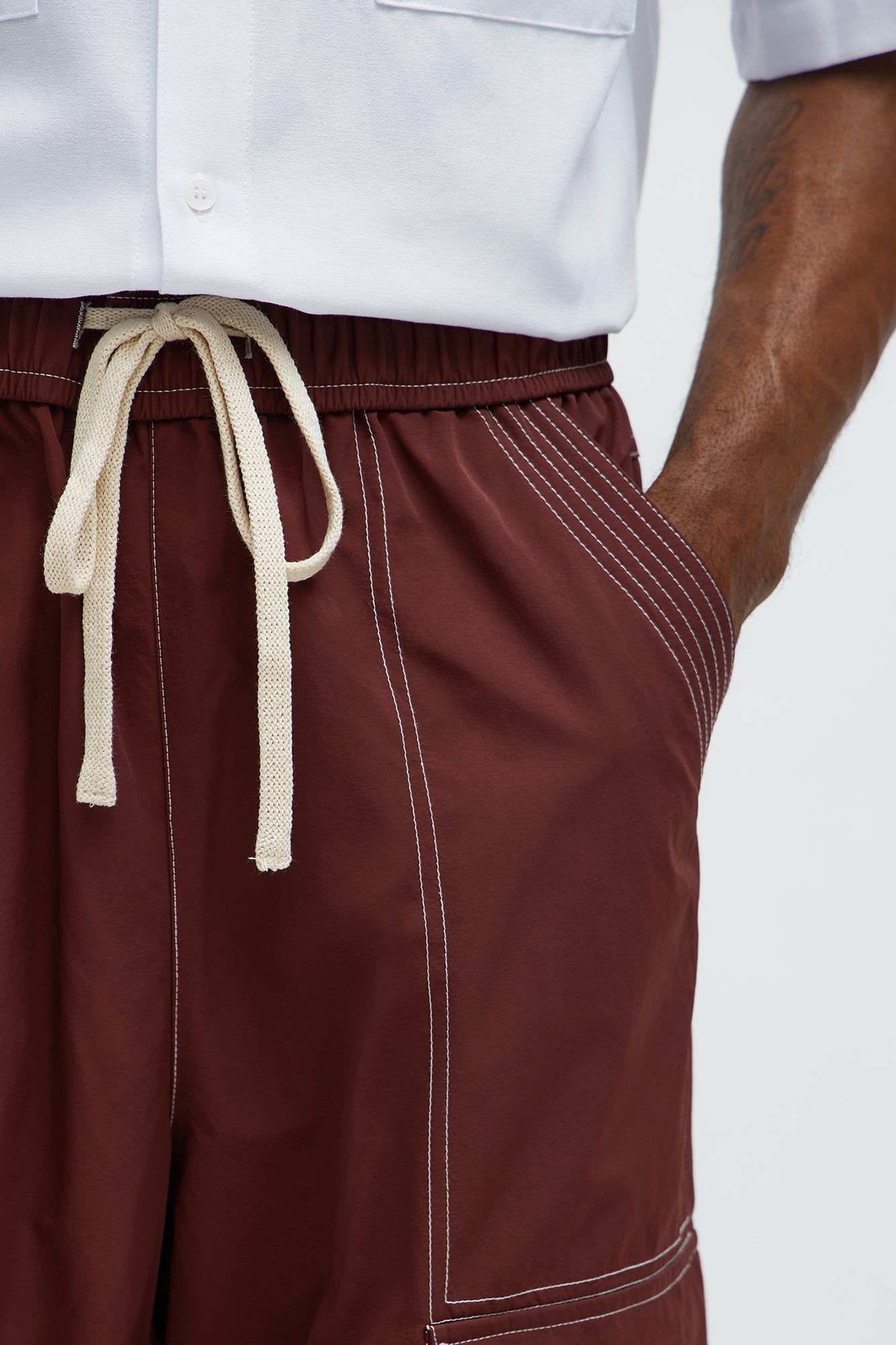 Baggy Stay Moving Contrast Stitch Nylon Cargo Pants - Burgundy