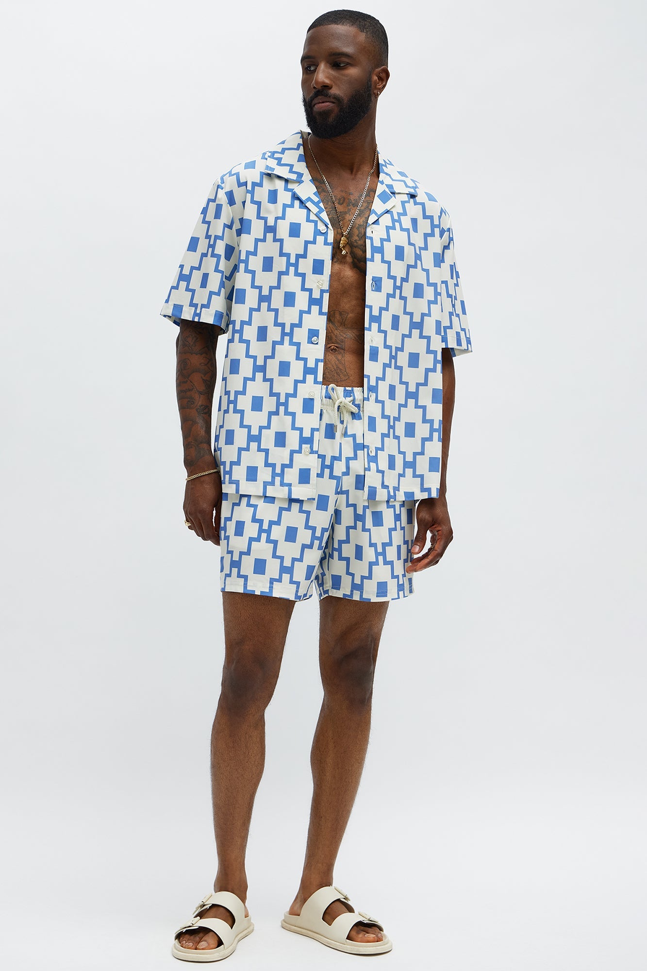 Mosaic Printed Cuban Shirt - Blue/combo