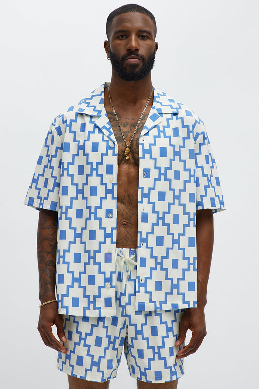 Mosaic Printed Cuban Shirt - Blue/combo