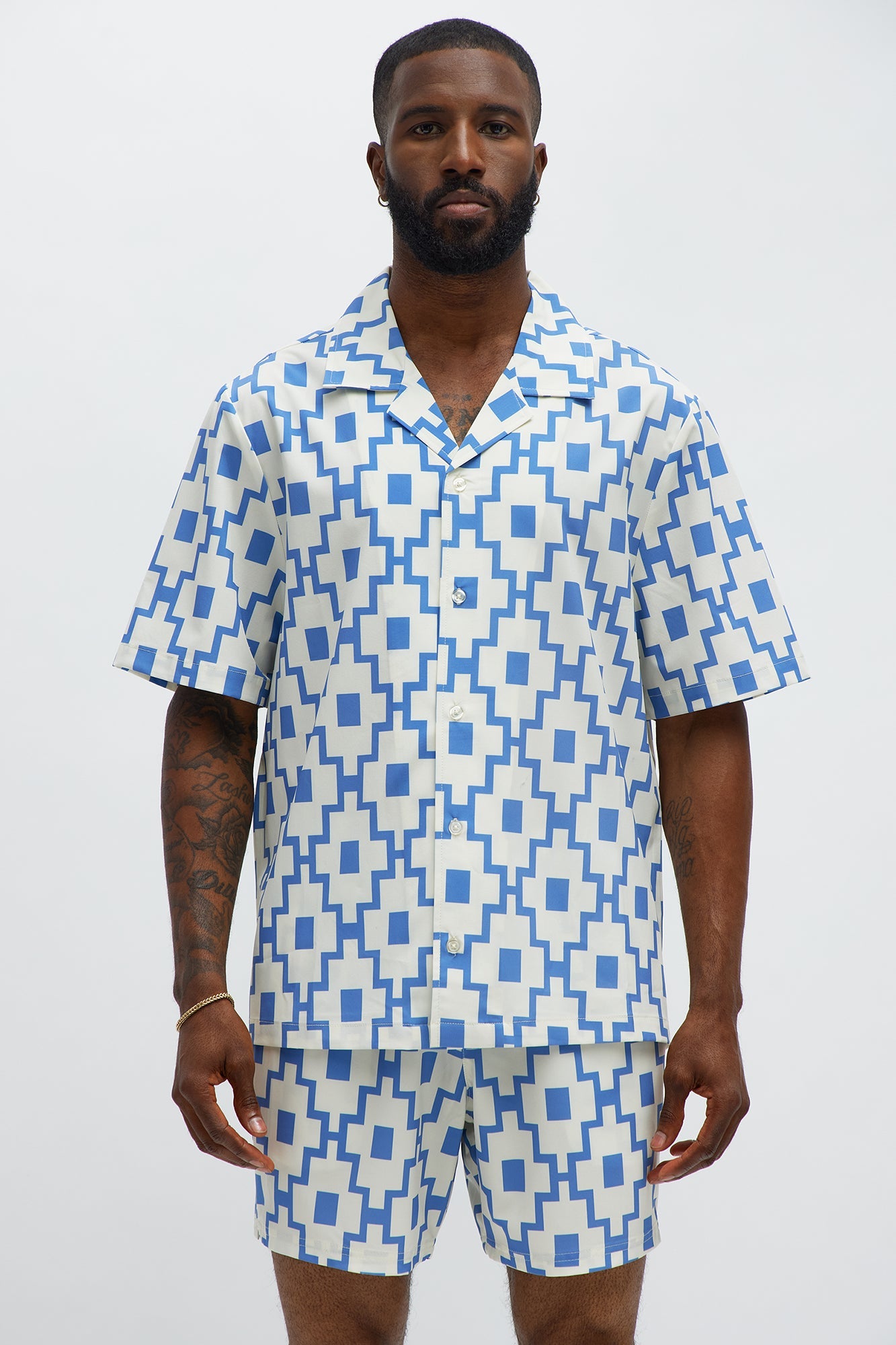 Mosaic Printed Cuban Shirt - Blue/combo