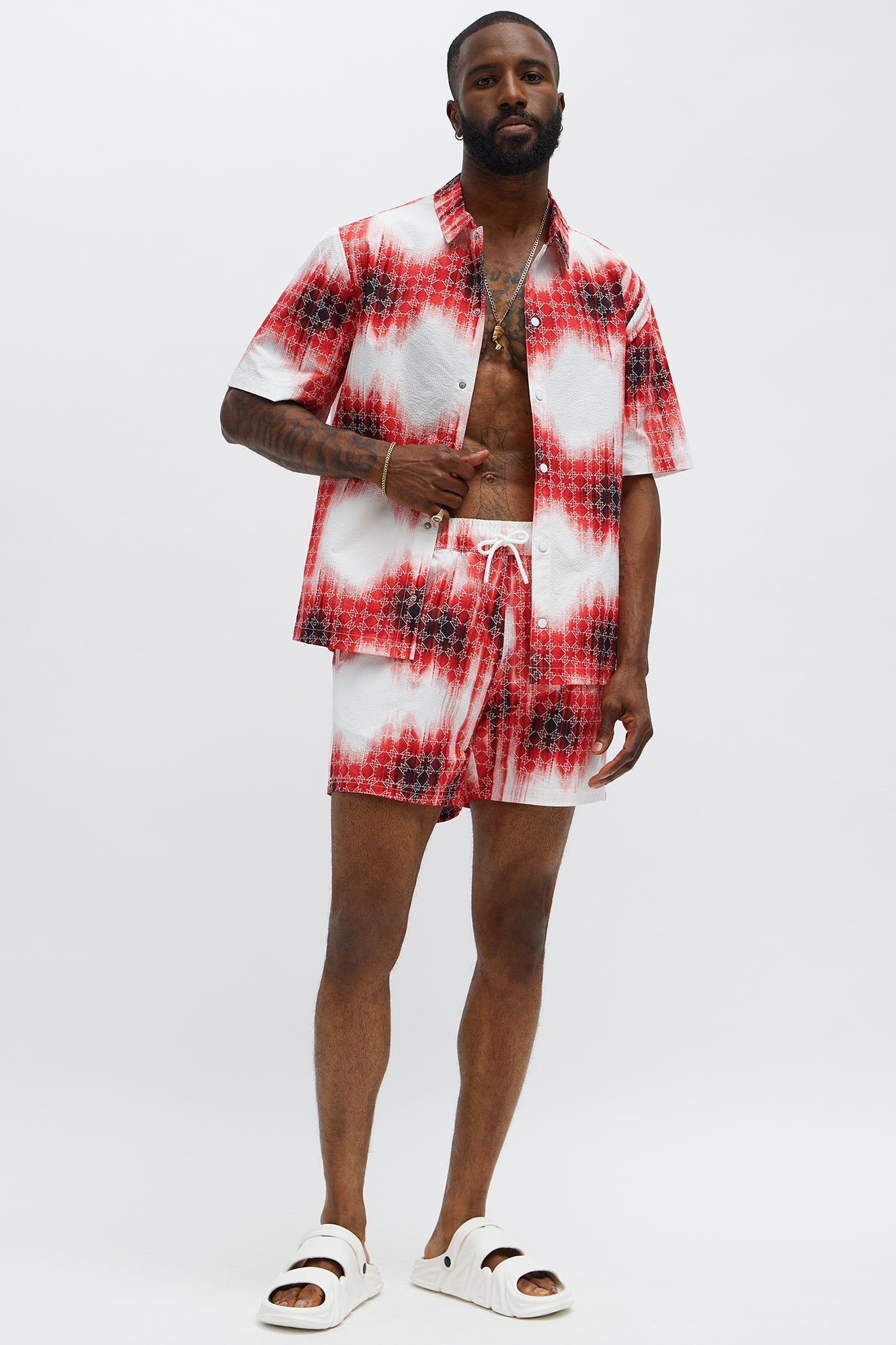 Seersucker Tie Dye Printed Closed Collar Shirt - Red/combo