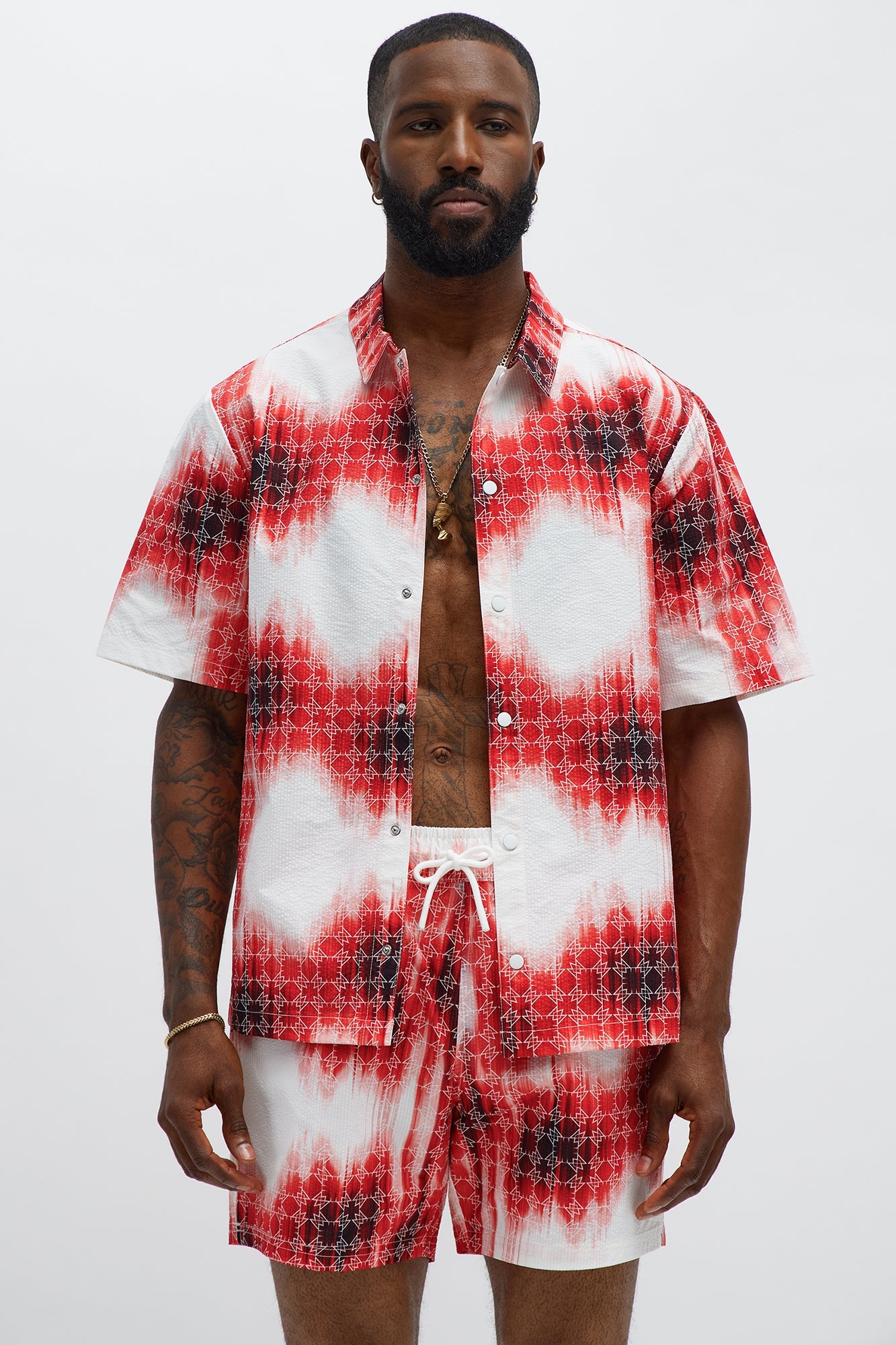 Seersucker Tie Dye Printed Closed Collar Shirt - Red/combo
