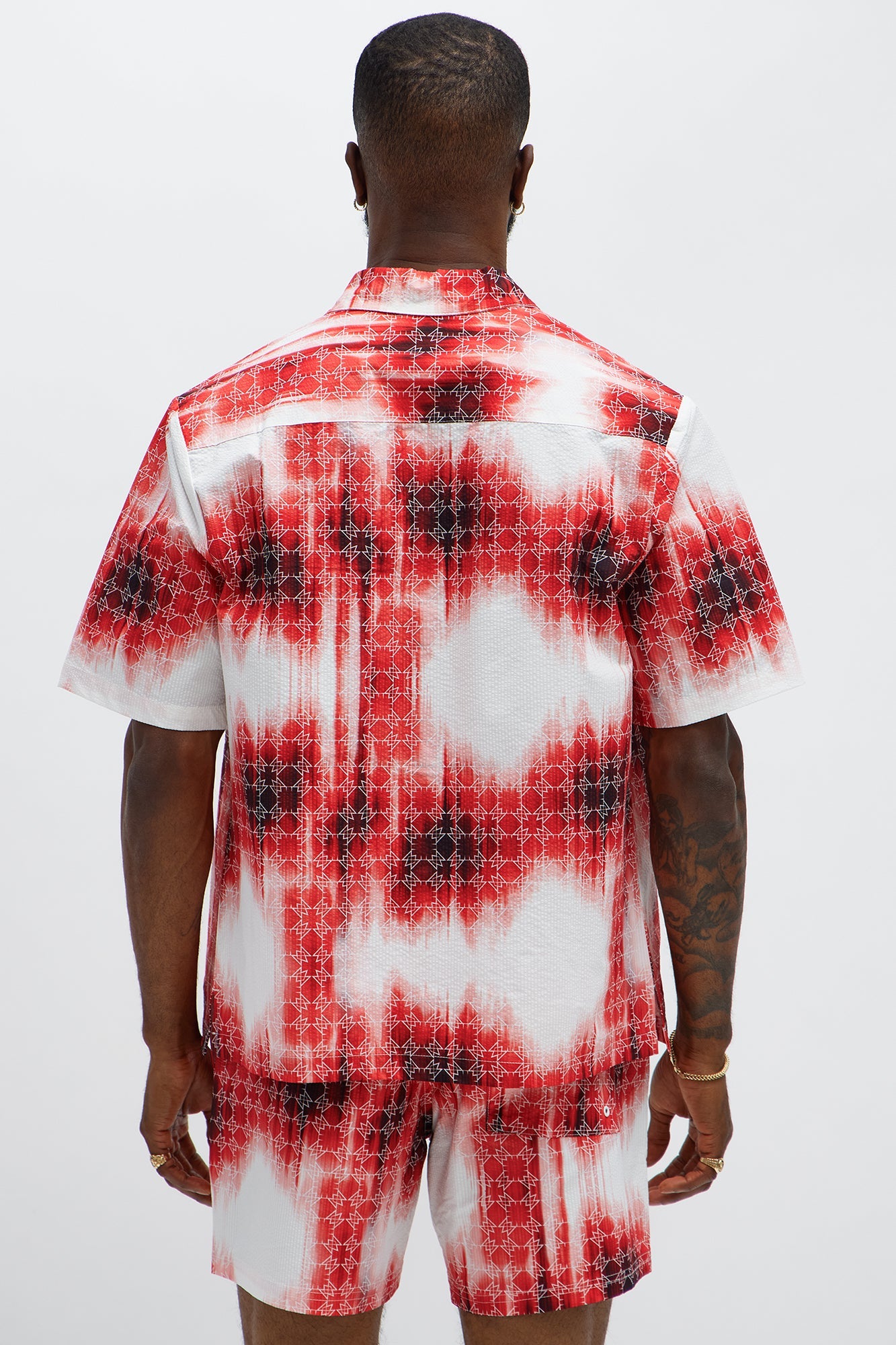 Seersucker Tie Dye Printed Closed Collar Shirt - Red/combo